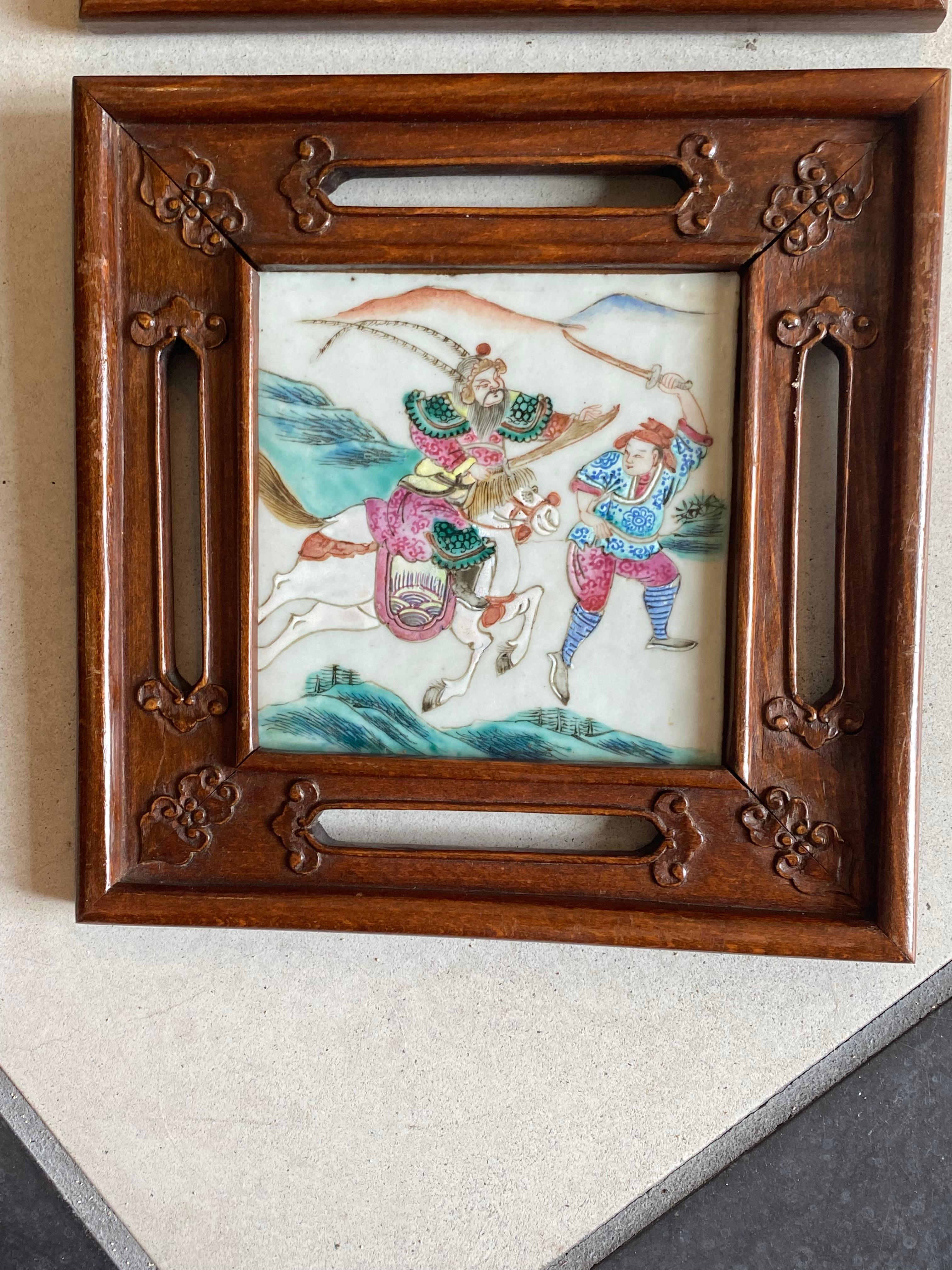 Set of Three '3' Porcelain Paintings of Warriors Framed in Rosewood In Good Condition In Sarasota, FL