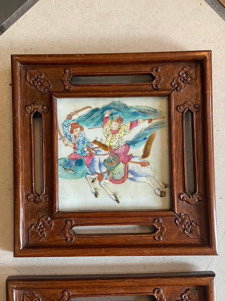 Set of Three '3' Porcelain Paintings of Warriors Framed in Rosewood 1