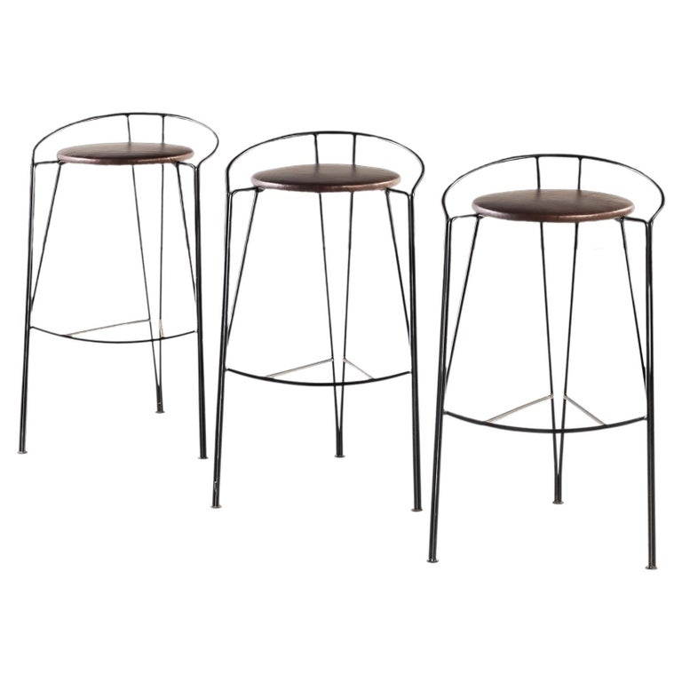 Set of Three '3' Post Modern "Silver Moon" Bar Stools w/ New Leather