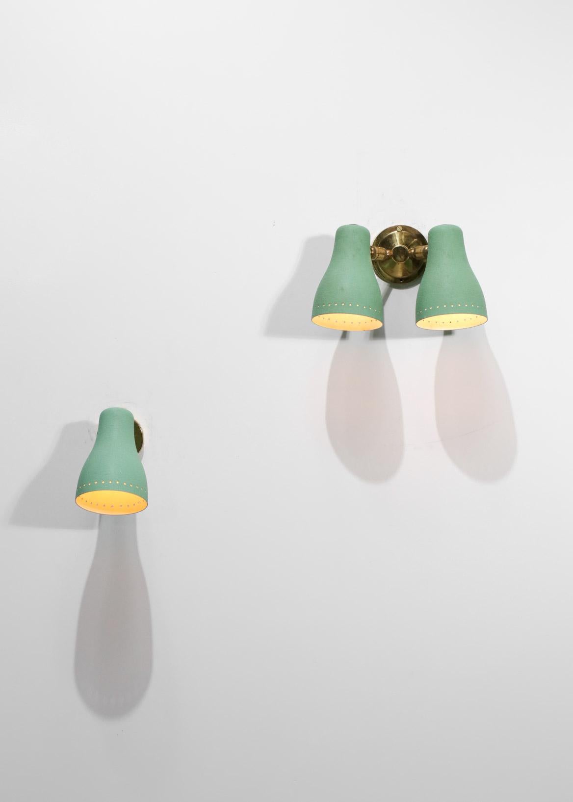 Lacquered Set of Three 60's Brass Water Green Wall Sconces