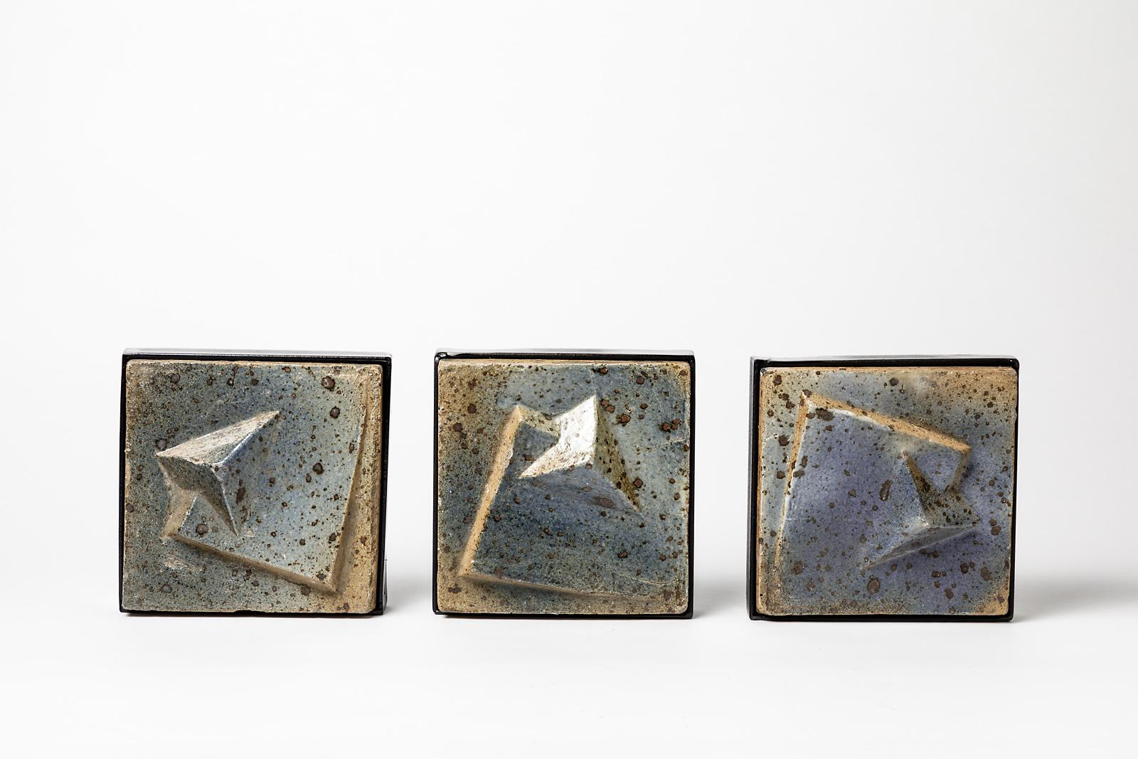 Set of Three Abstract Blue Stoneware Ceramic Wall Sculpture by Pierre Digan In Good Condition In Neuilly-en- sancerre, FR