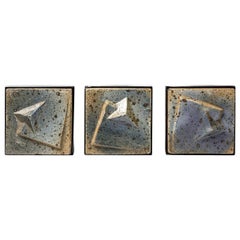 Set of Three Abstract Blue Stoneware Ceramic Wall Sculpture by Pierre Digan