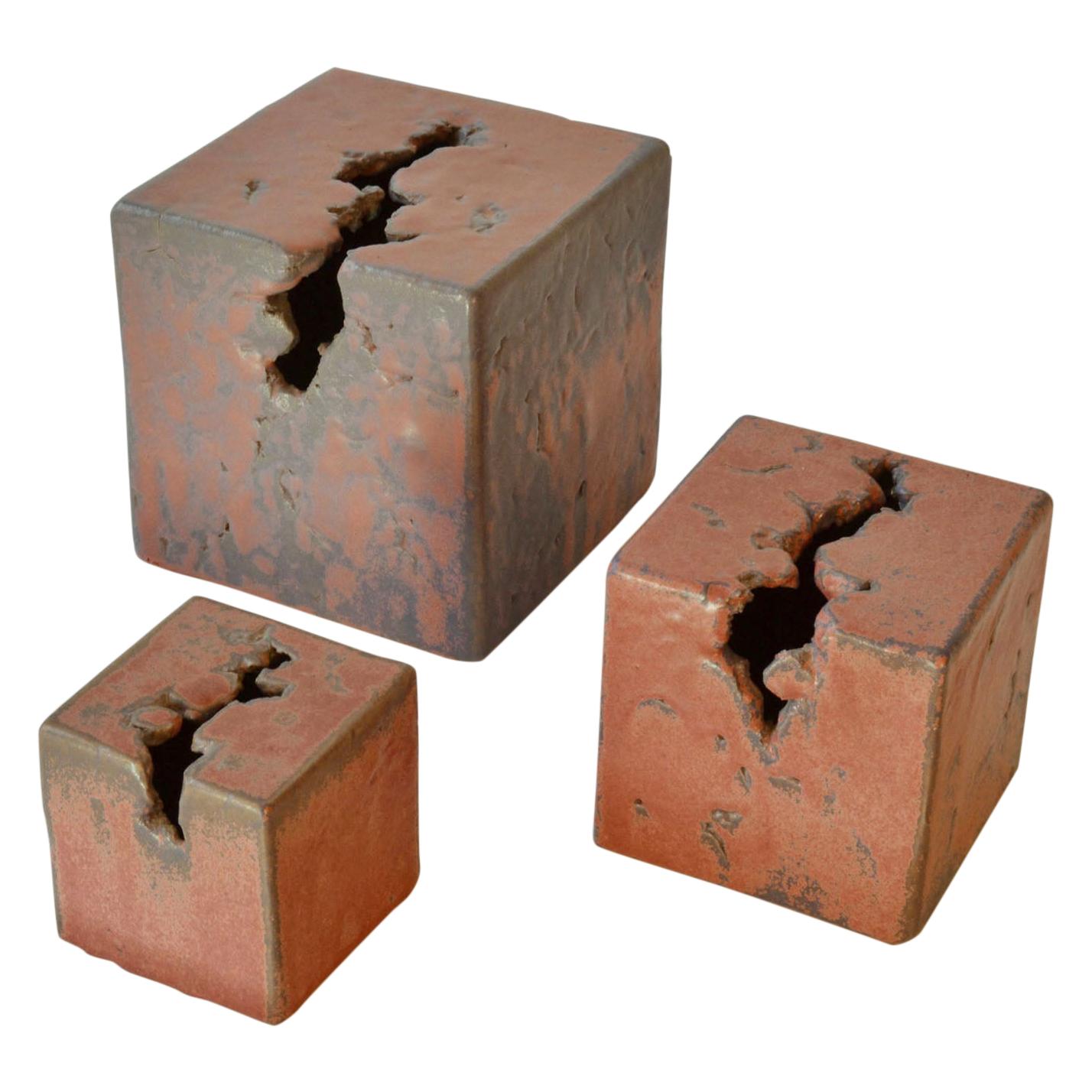 Set of Three Abstract Ceramic Cube Sculptures