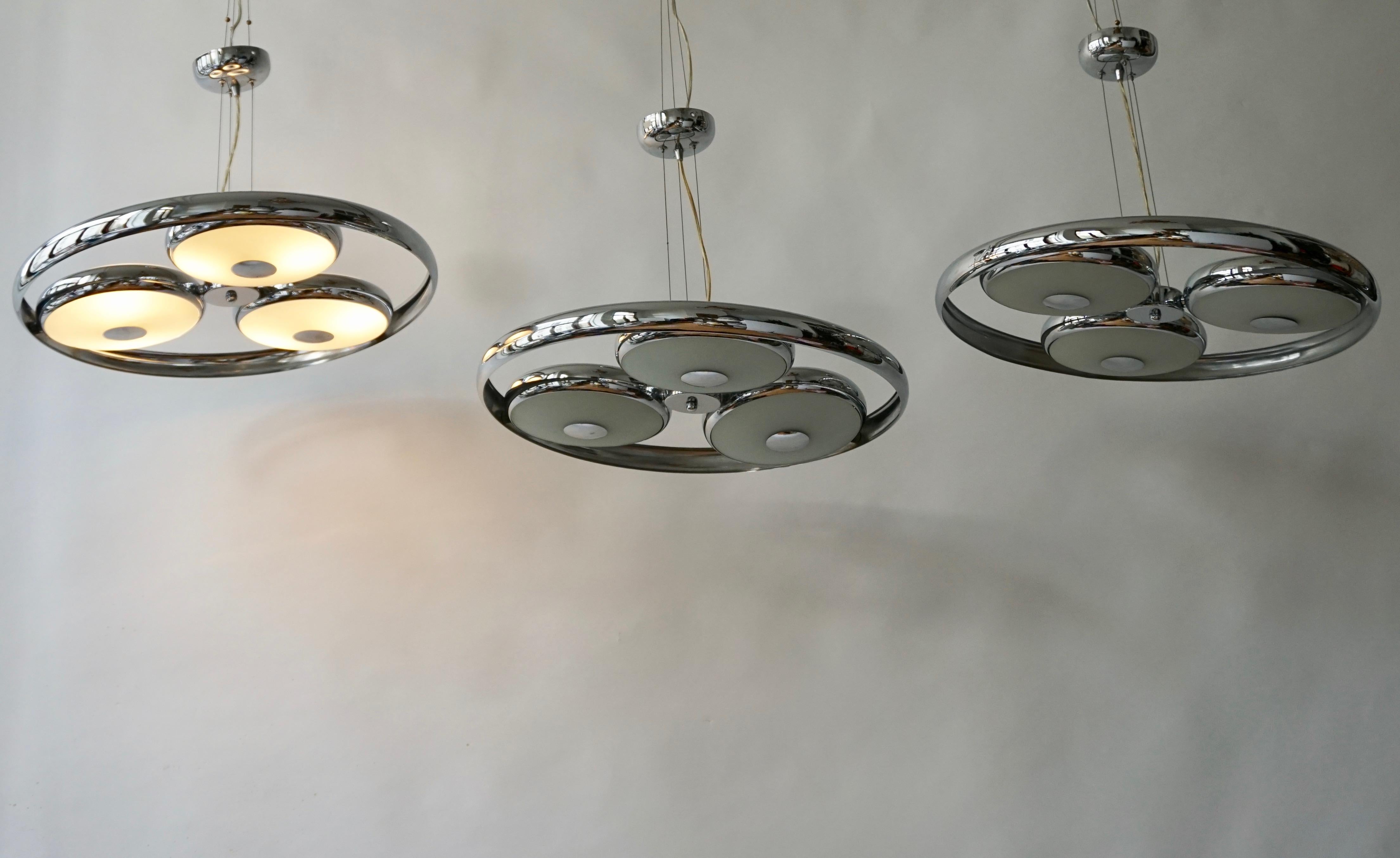 Space Age One off Three Adjustable Italian Glass and Chrome Ufo Chandeliers For Sale