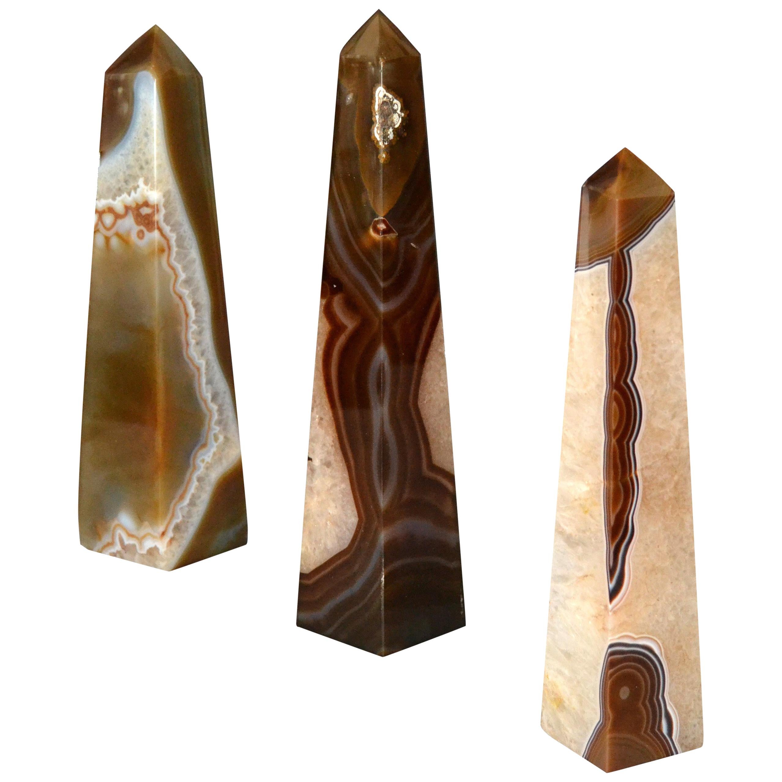 Set of Three Agate and Amethyst Mineral Obelisks