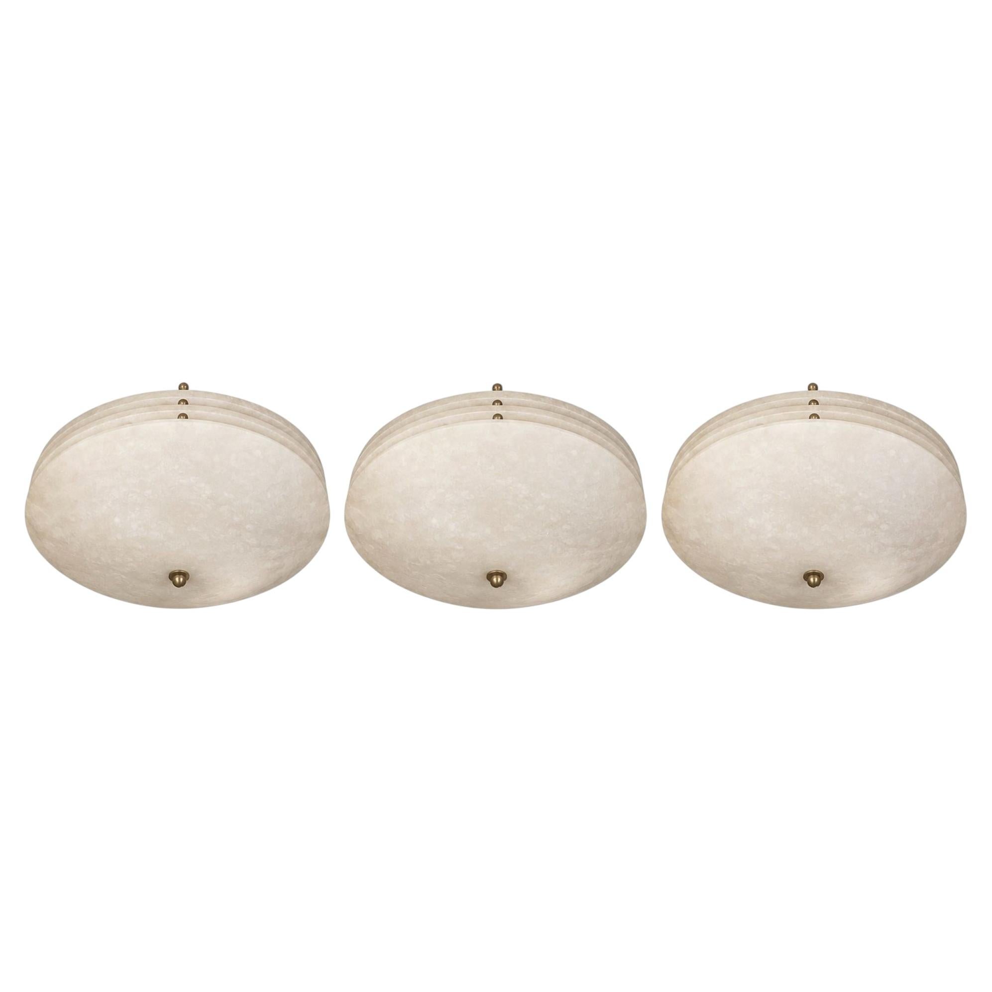 Set of Three Alabaster Flush Mount Ceiling Lights. U.S.A. Mid-20th Century. For Sale