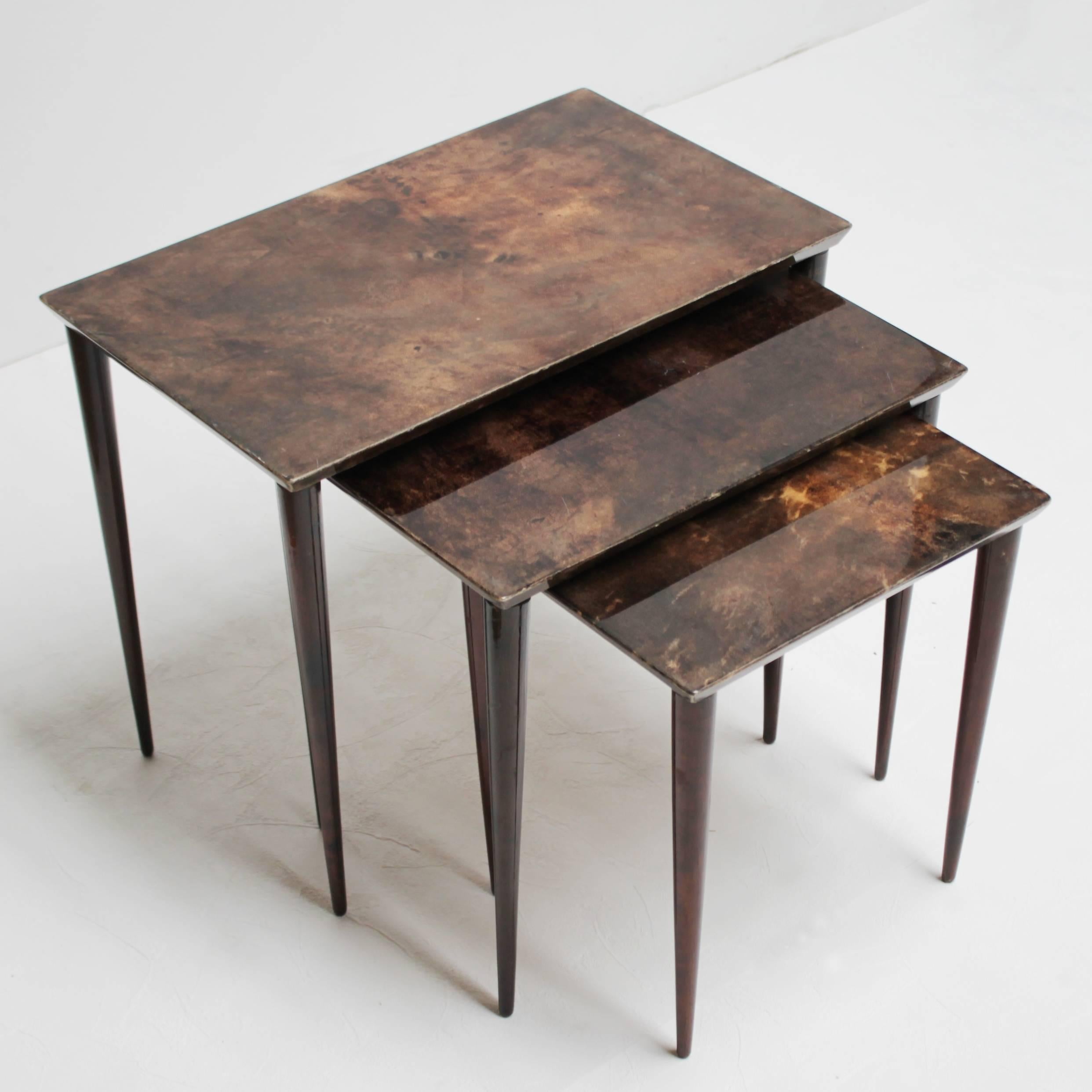 Lacquered Set of Three Aldo Tura Parchment Nesting Tables