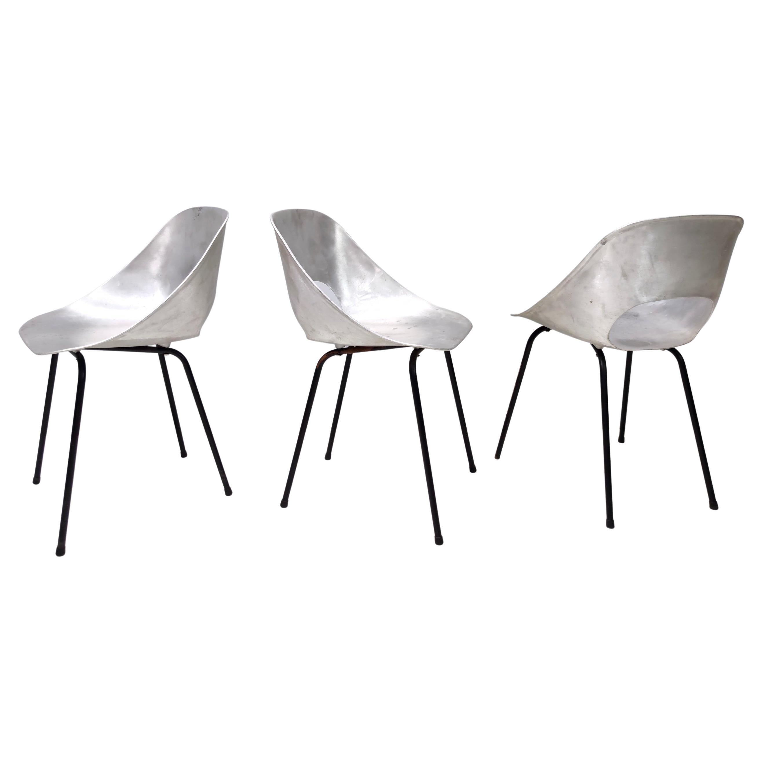 Set of Three Aluminum "Tulipe" Tonneu Chairs by Pierre Guariche, France