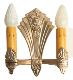 Set of Three American Art Deco Chrome, Geometric Twin Candle-Form, Wall Sconces