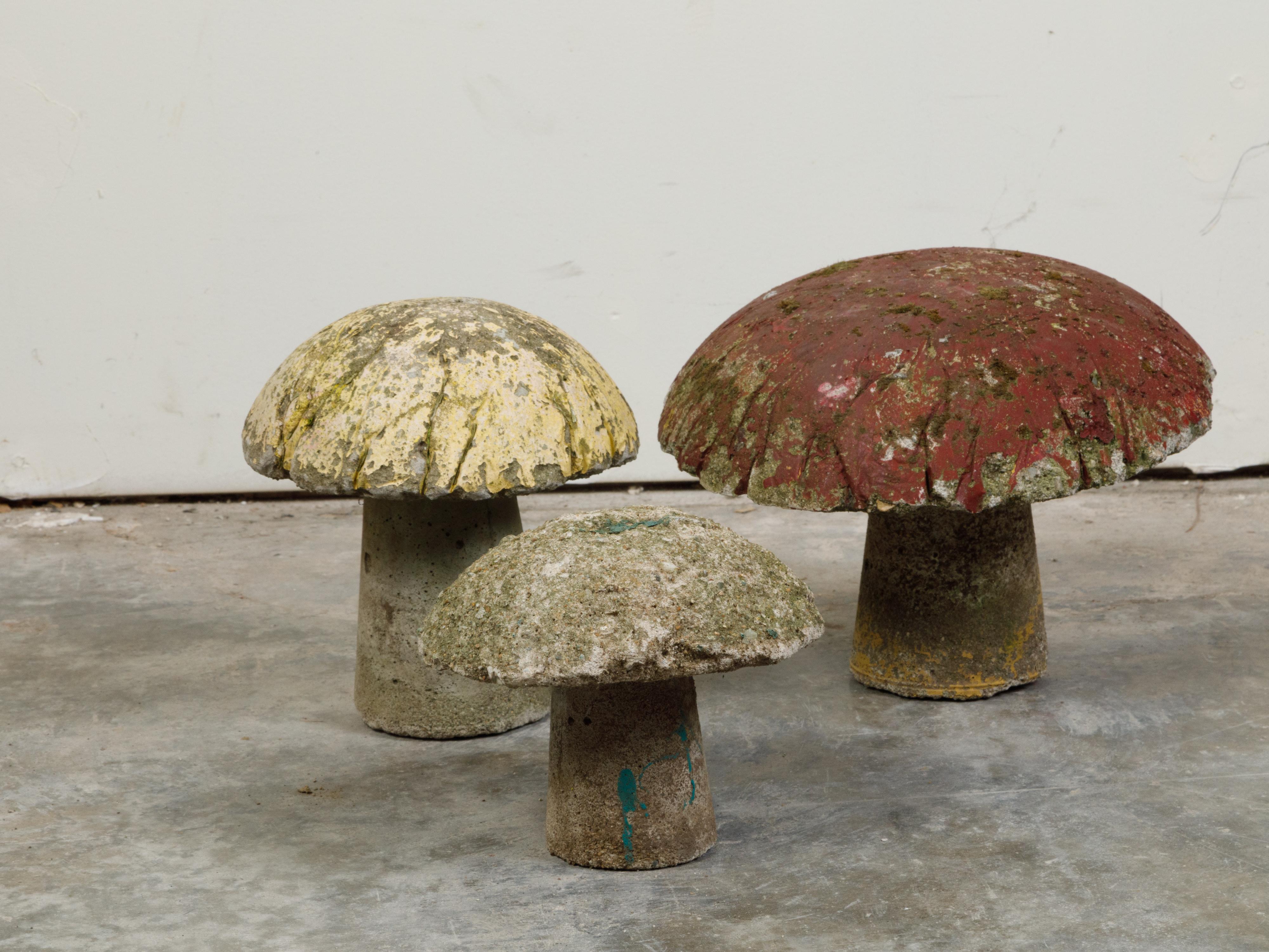 Rustic Set of Three American Concrete Mushrooms with Distressed Appearance