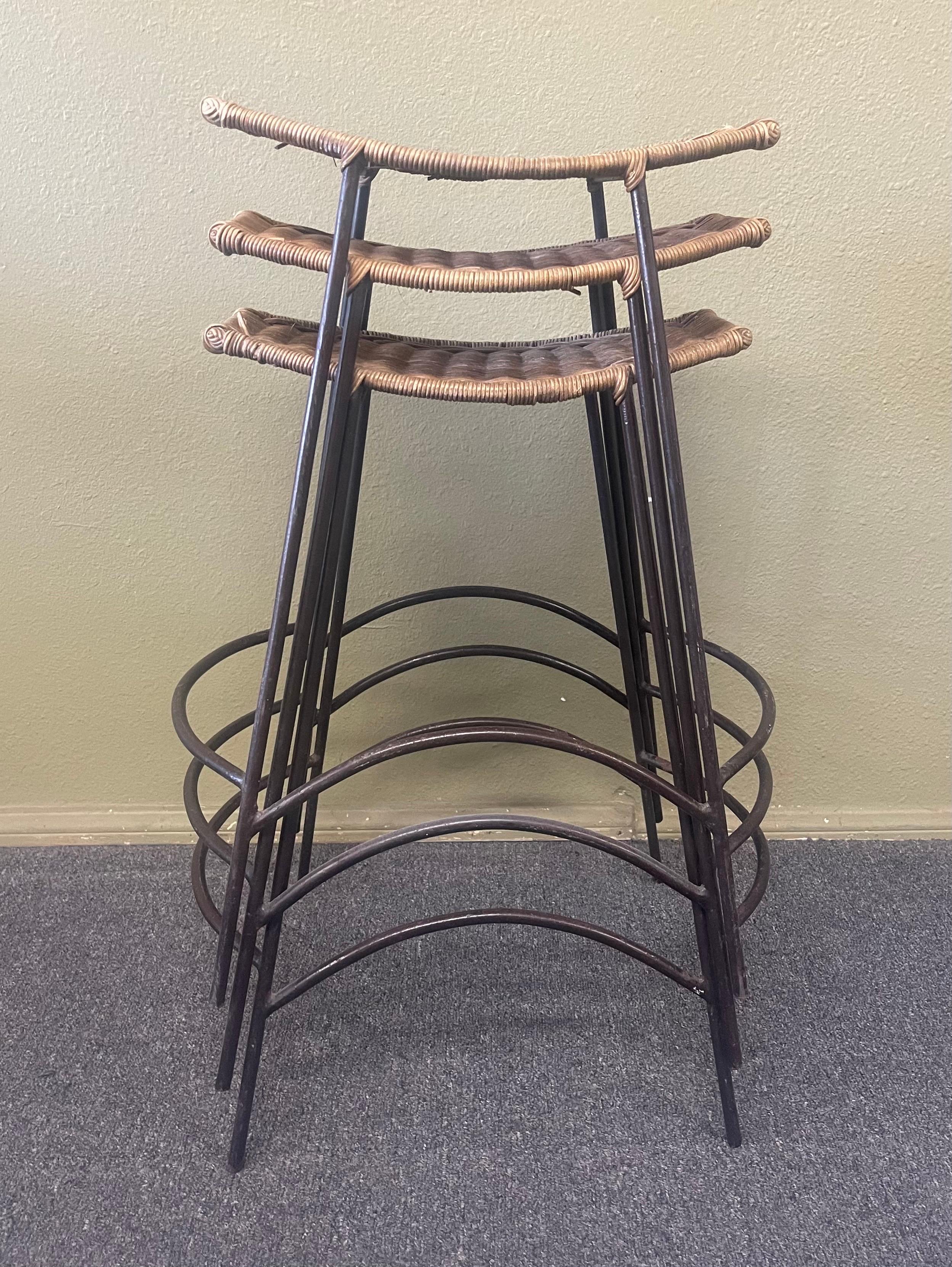 Set of Three American MCM Iron & Wicker Counter / Barstools by Arthur Umanoff 9