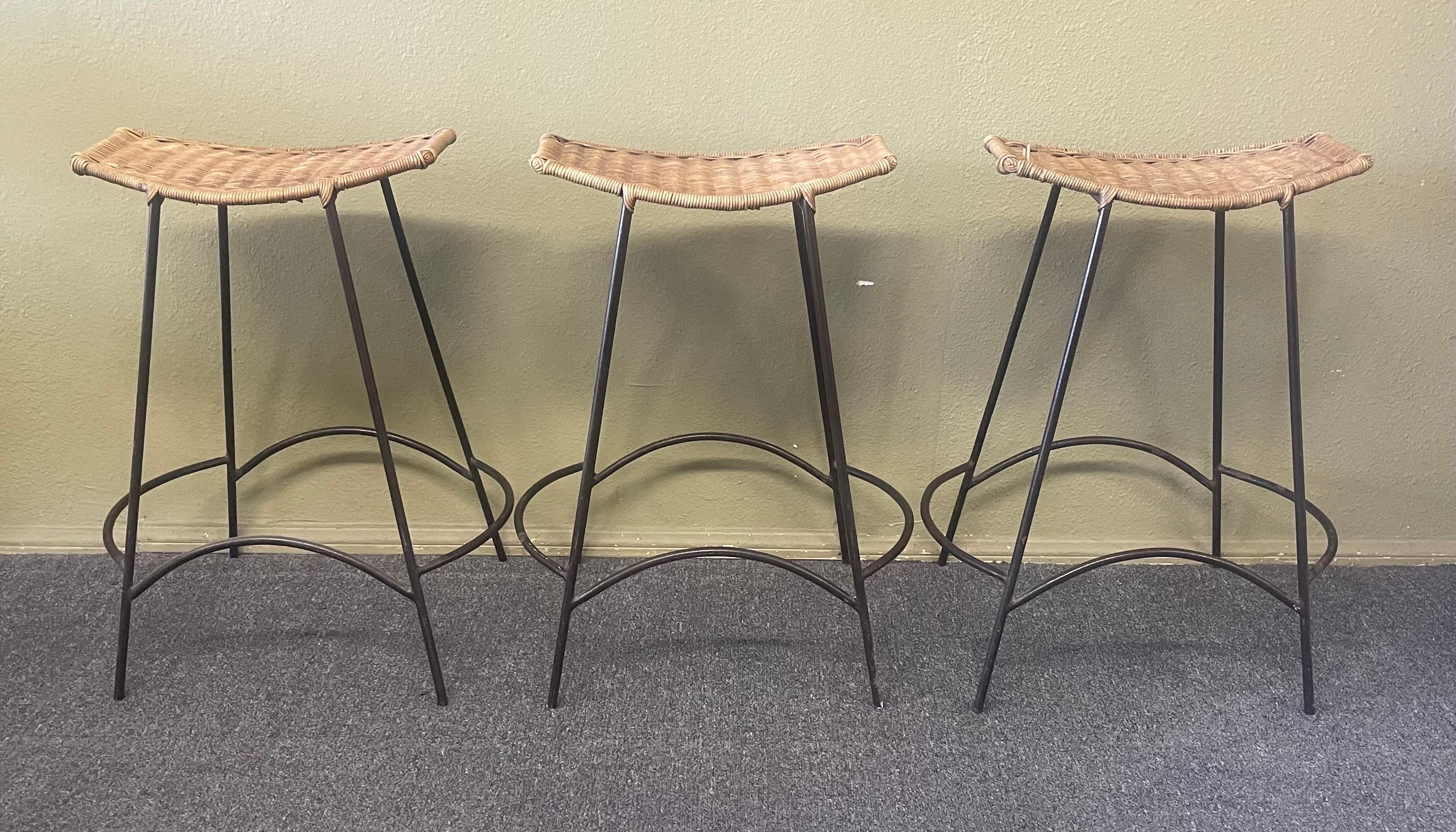 Set of Three American MCM Iron & Wicker Counter / Barstools by Arthur Umanoff 10