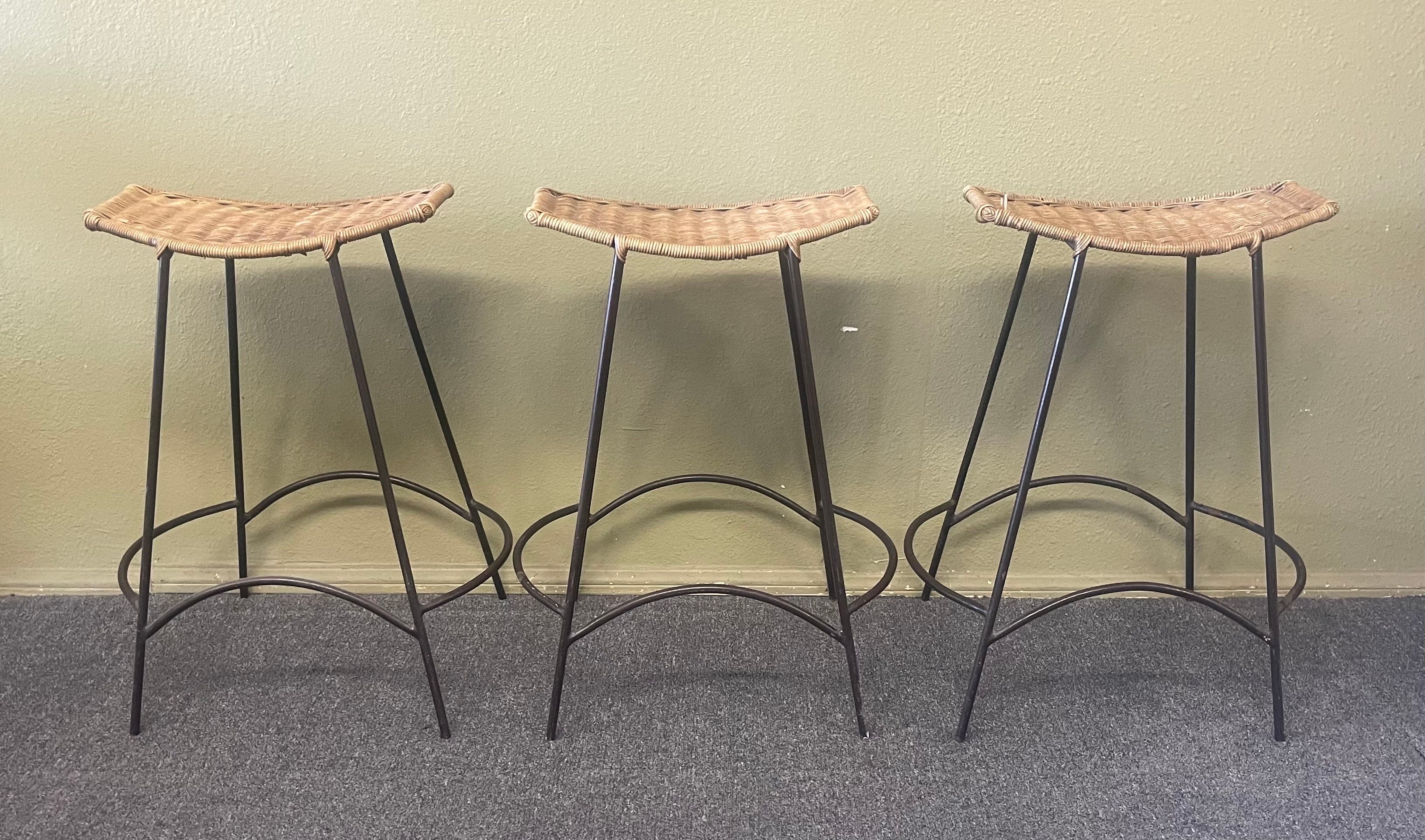 Bohemian Set of Three American MCM Iron & Wicker Counter / Barstools by Arthur Umanoff