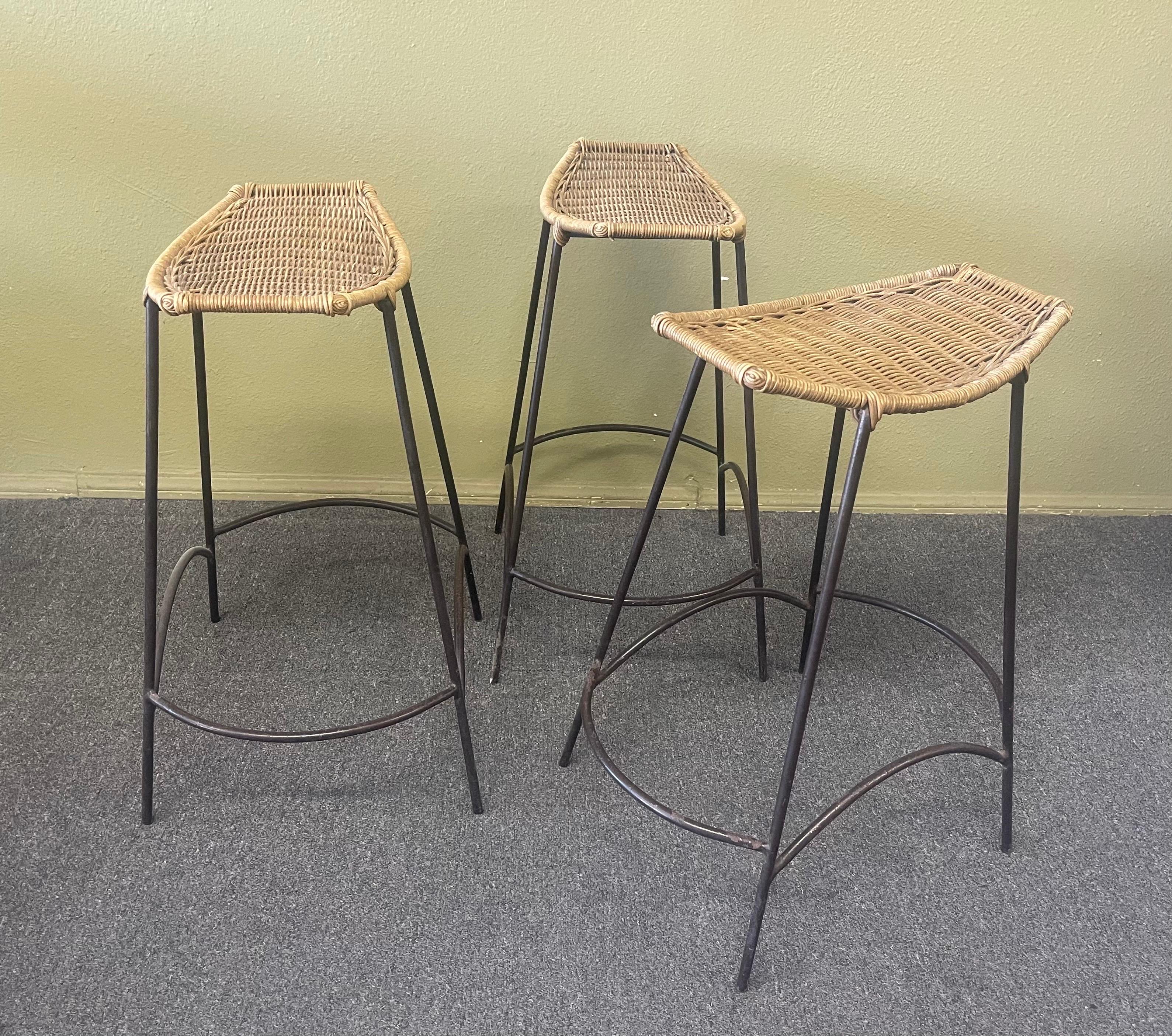 Set of Three American MCM Iron & Wicker Counter / Barstools by Arthur Umanoff In Fair Condition In San Diego, CA