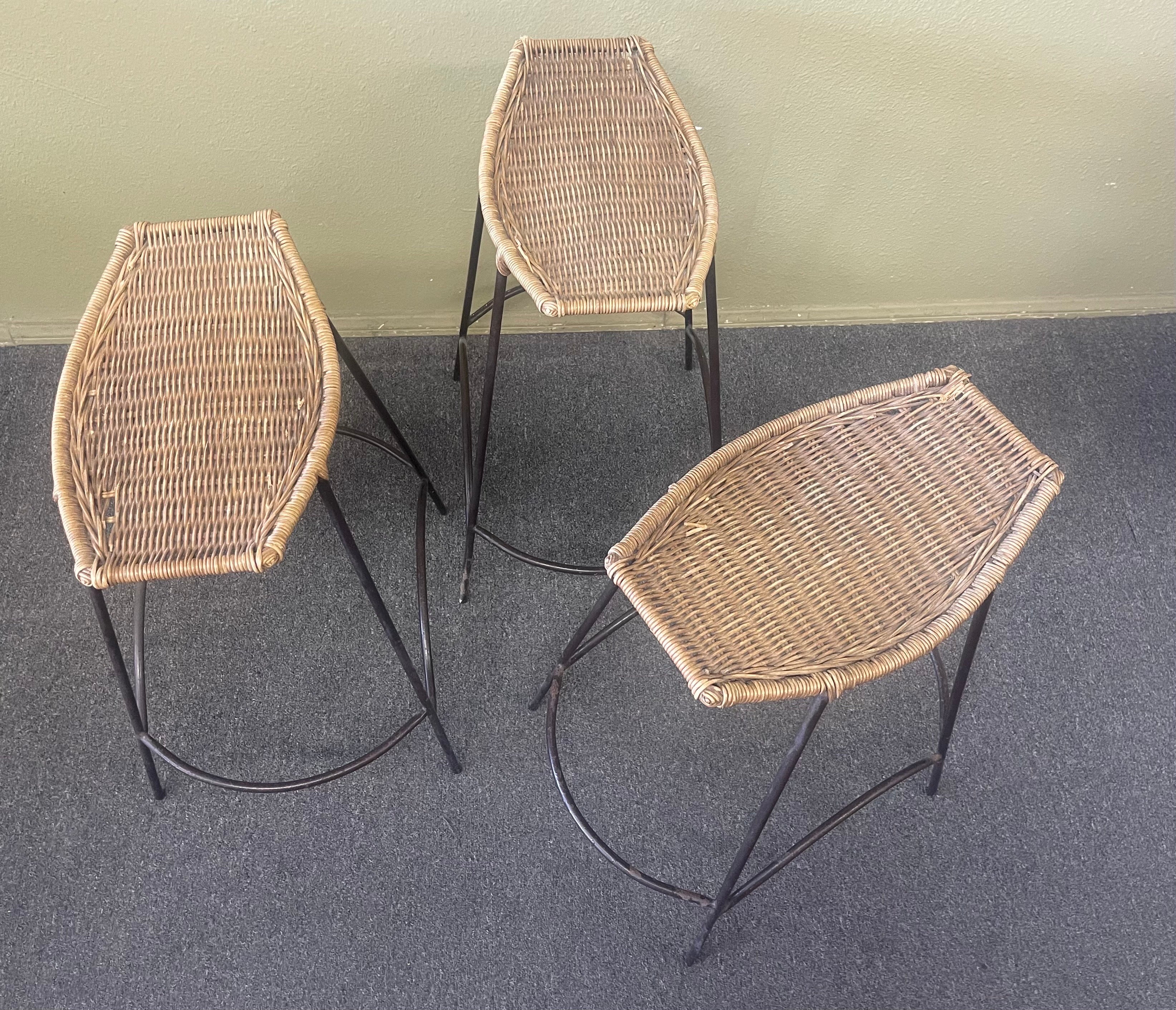 20th Century Set of Three American MCM Iron & Wicker Counter / Barstools by Arthur Umanoff