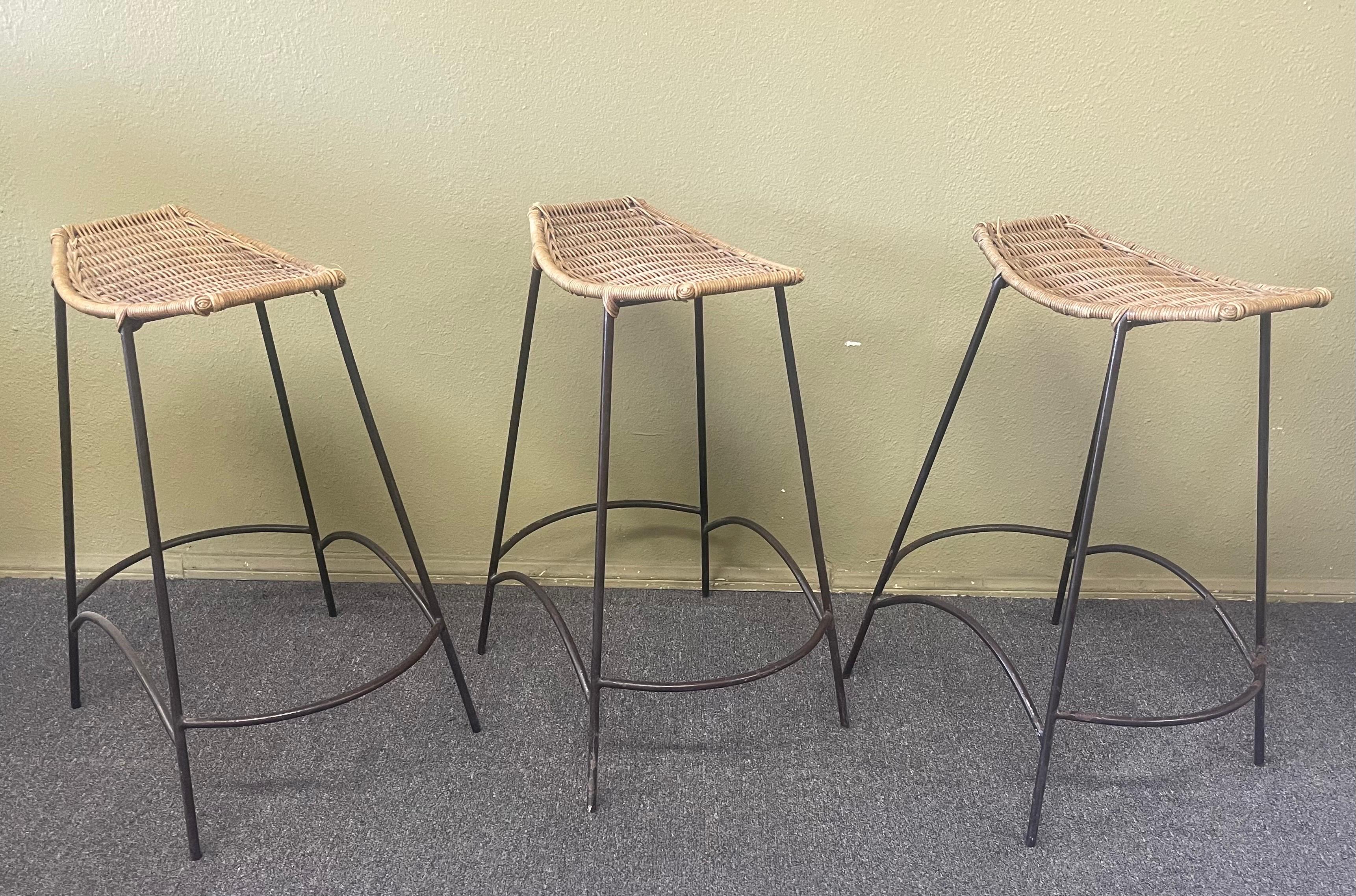 Set of Three American MCM Iron & Wicker Counter / Barstools by Arthur Umanoff 1
