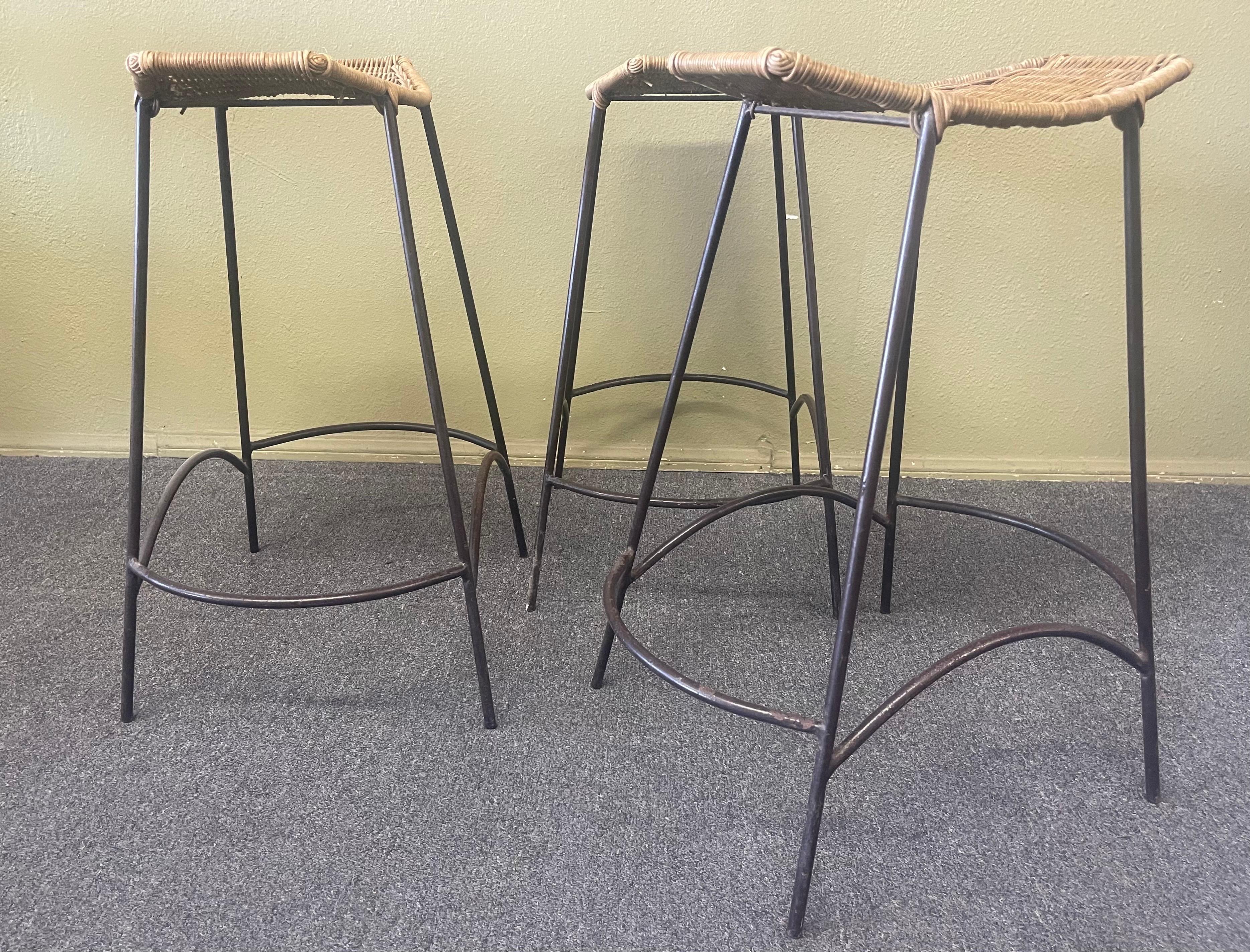 Set of Three American MCM Iron & Wicker Counter / Barstools by Arthur Umanoff 2