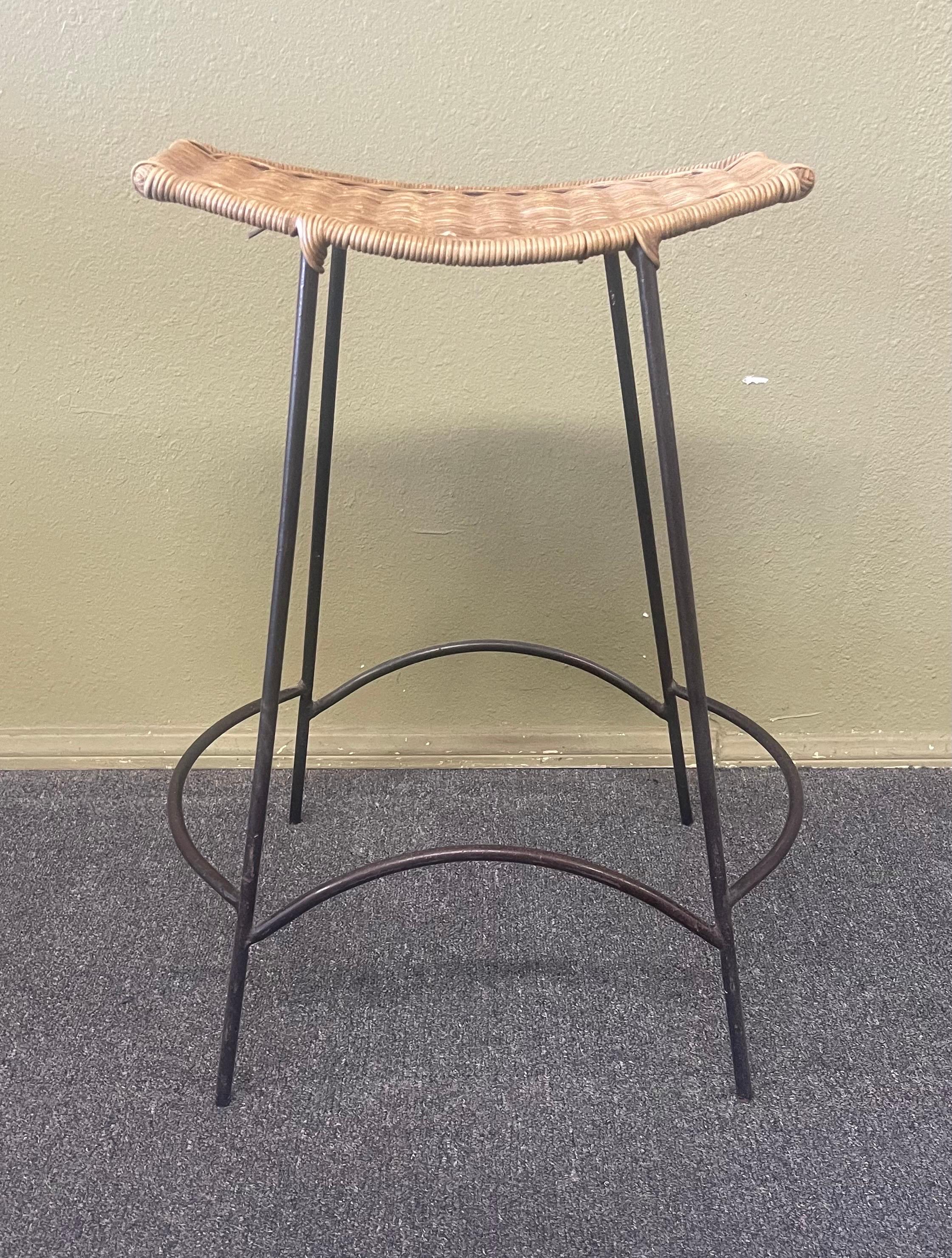 Set of Three American MCM Iron & Wicker Counter / Barstools by Arthur Umanoff 4