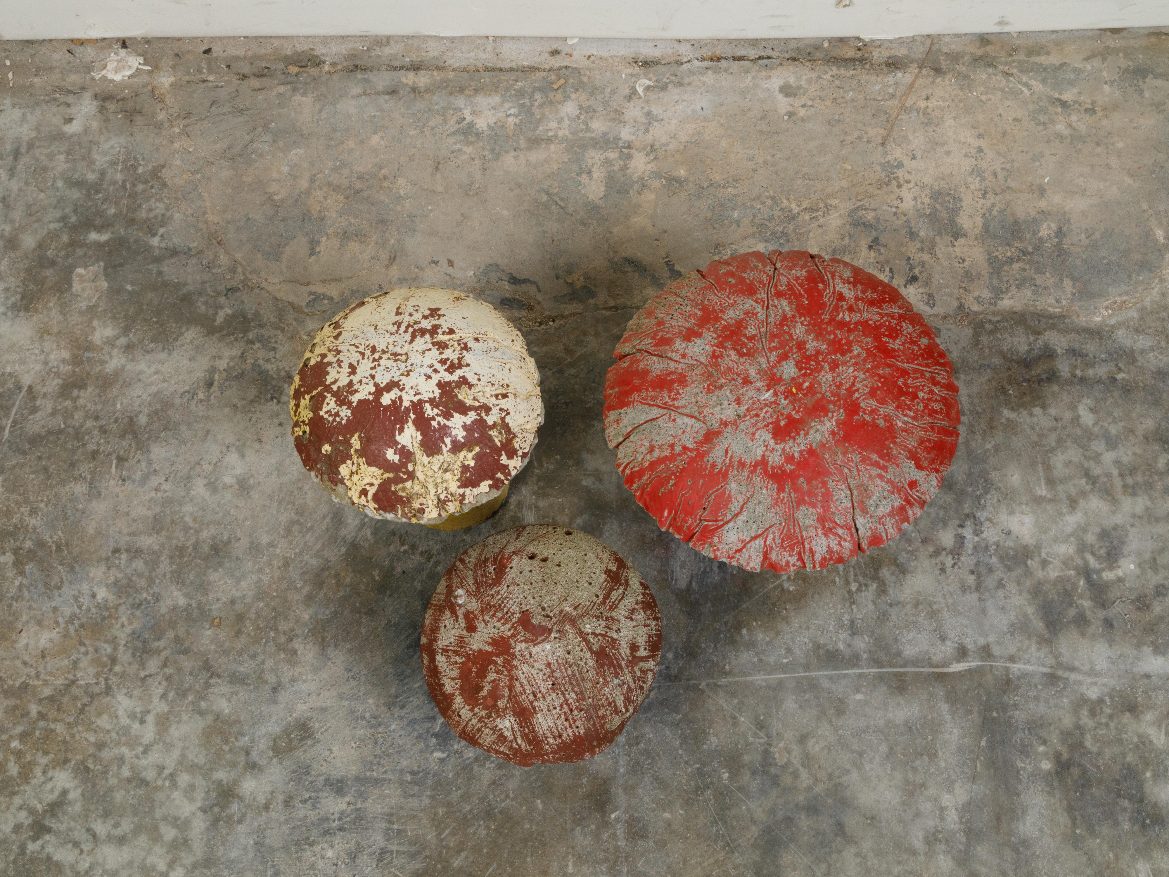 Painted Set of Three American Midcentury Concrete Mushrooms with Weathered Appearance