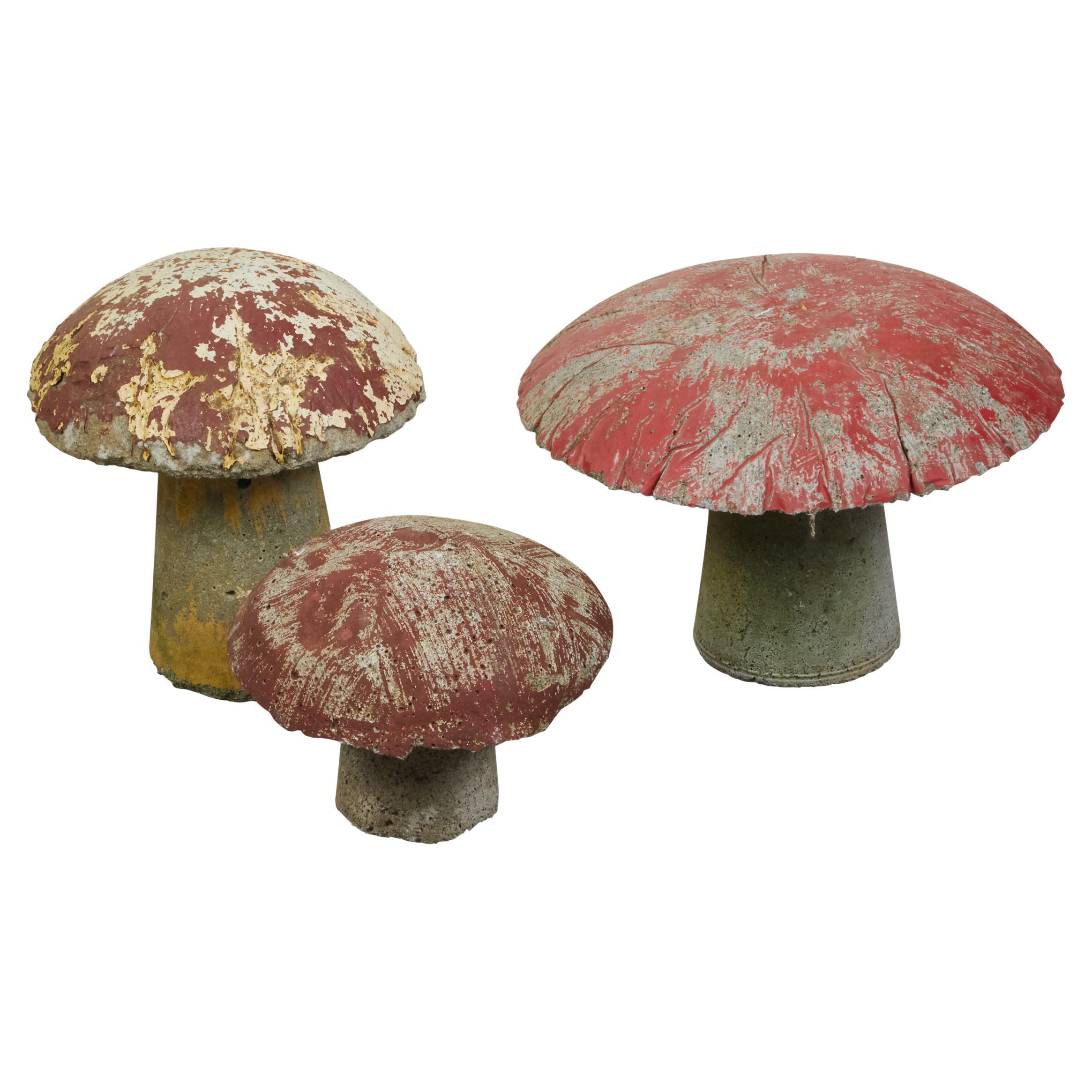Set of Three American Midcentury Concrete Mushrooms with Weathered Appearance
