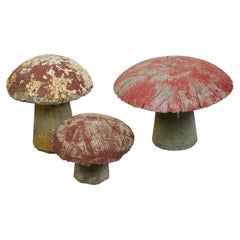 Vintage Set of Three American Midcentury Concrete Mushrooms with Weathered Appearance