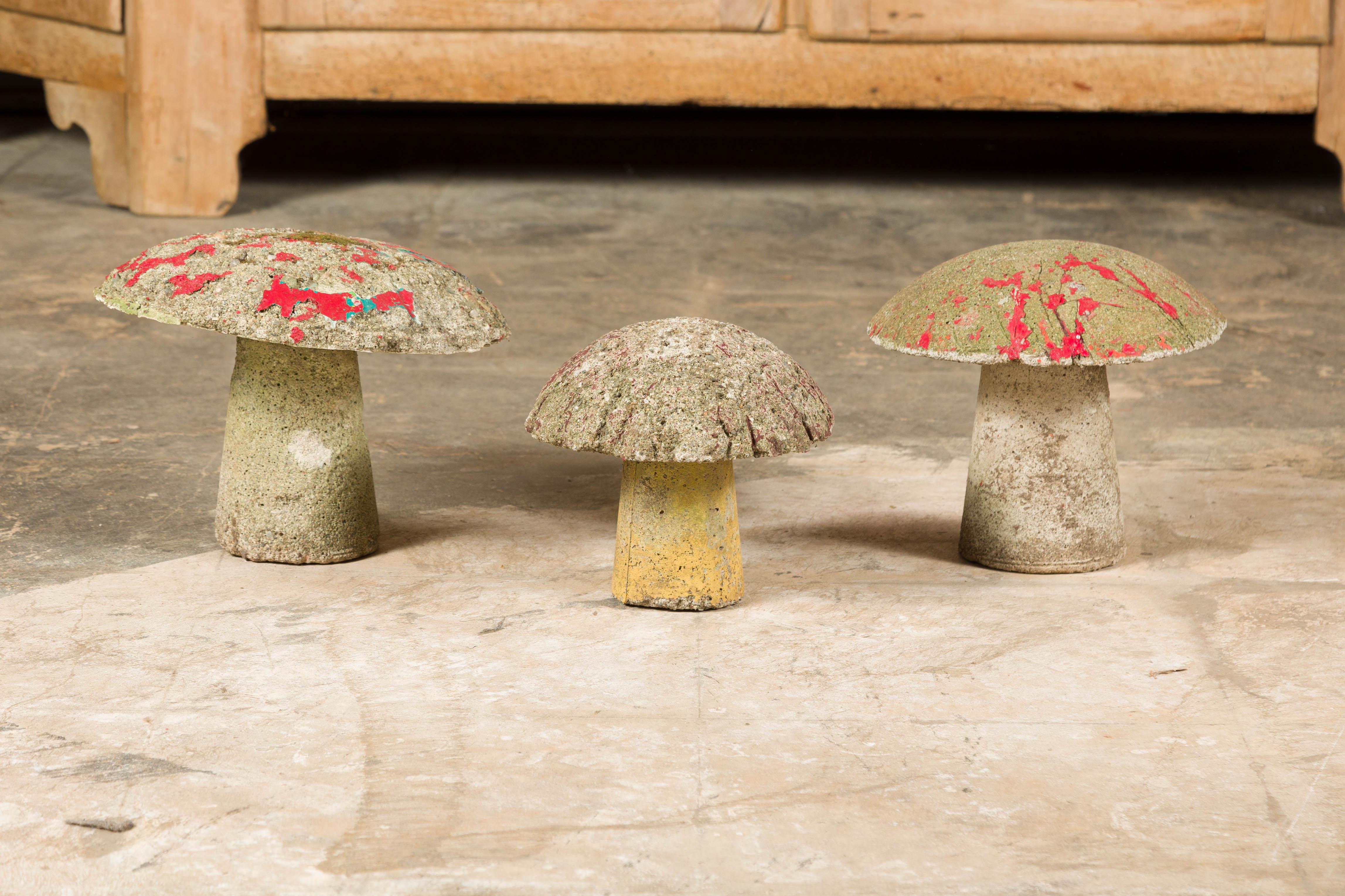 20th Century Set of Three American Midcentury Painted Concrete Mushroom Garden Ornaments For Sale