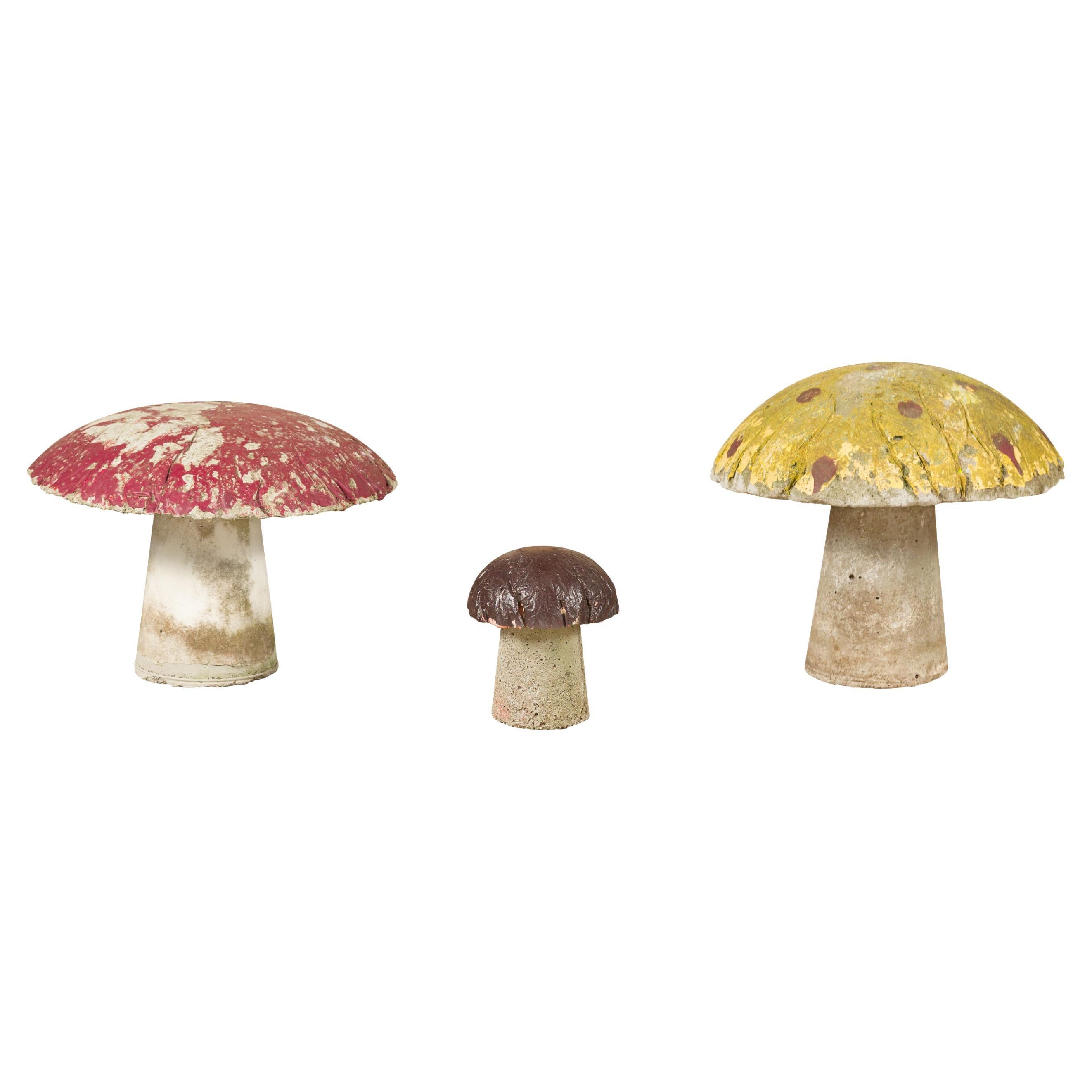 Set of Three American Midcentury Painted Concrete Mushroom Garden Ornaments