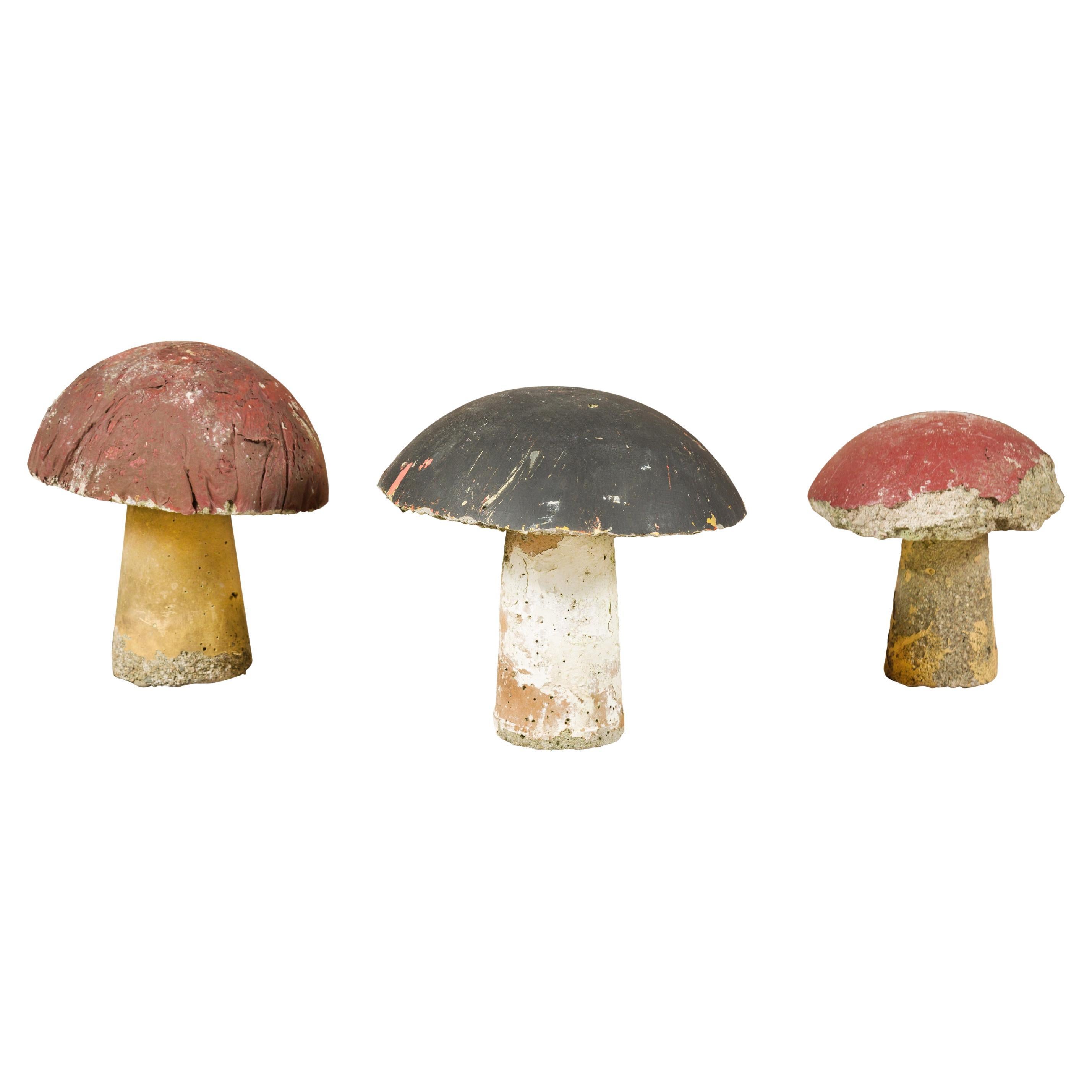 Set of Three American Midcentury Painted Concrete Mushroom Garden Ornaments For Sale