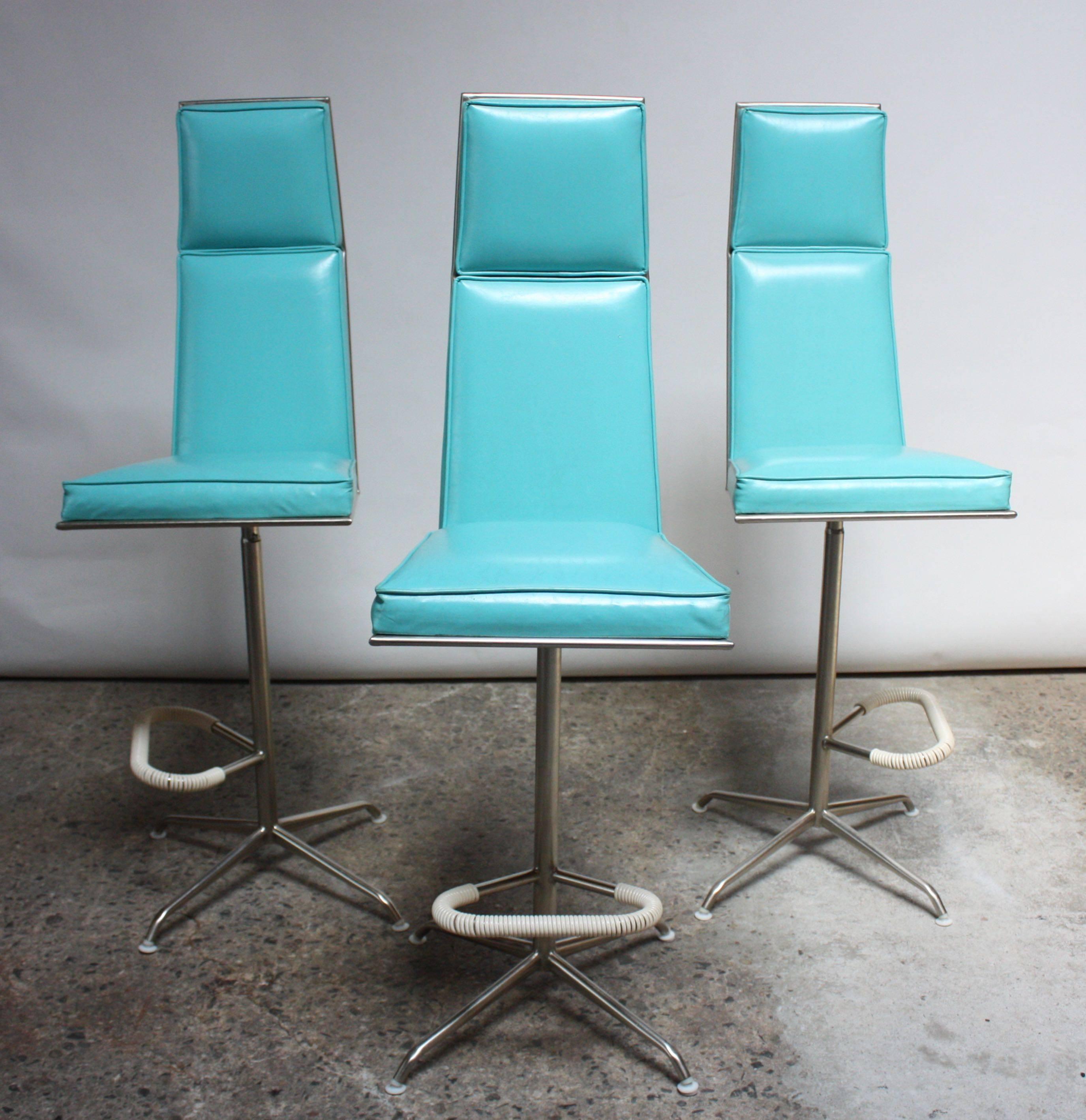 Brushed Set of Three American Modern High-Back Barstools by Jansko For Sale