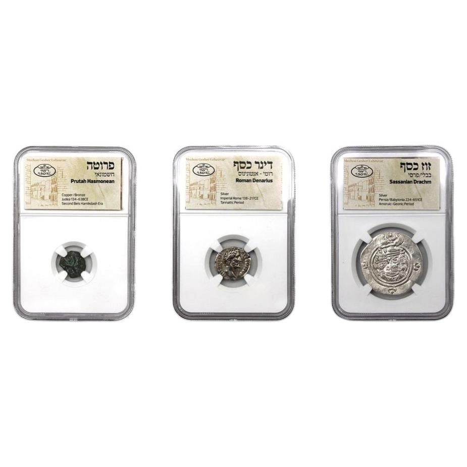 Set of Three Ancient Coins, Hasmonean Prutah, Roman Denarius, Sassanian Drachm