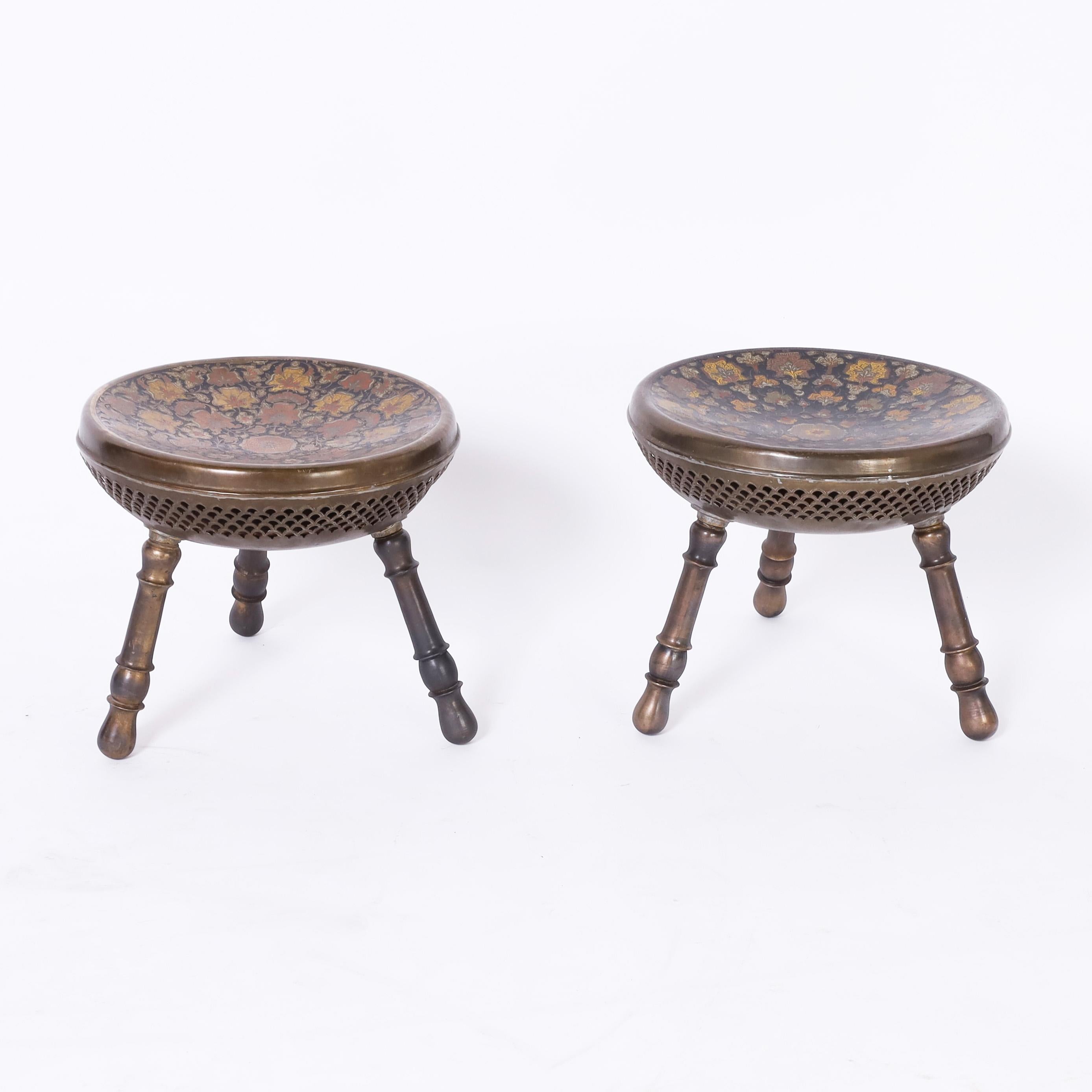 Anglo-Indian Set of Three Anglo Indian Brass Foot Stools For Sale
