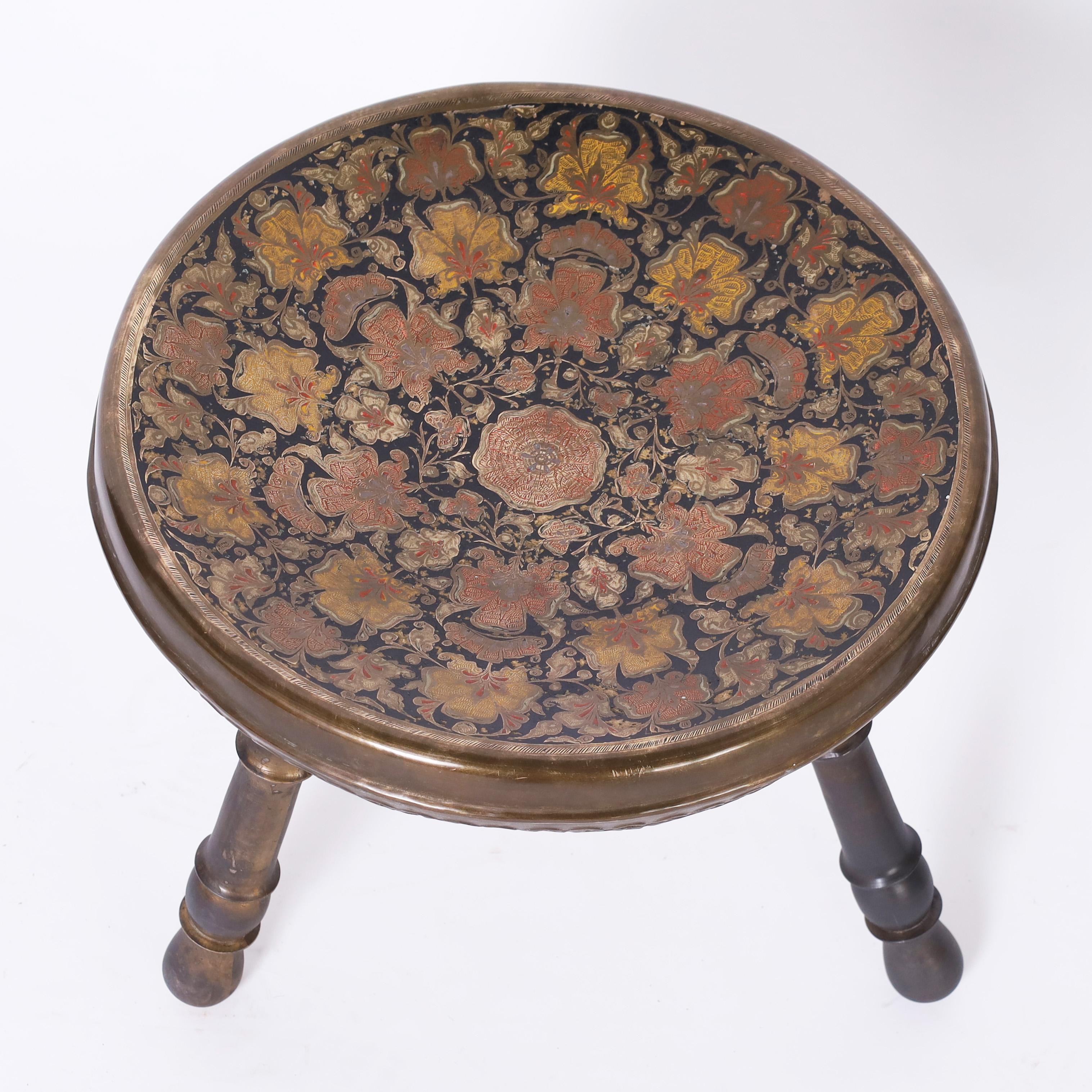 Etched Set of Three Anglo Indian Brass Foot Stools For Sale