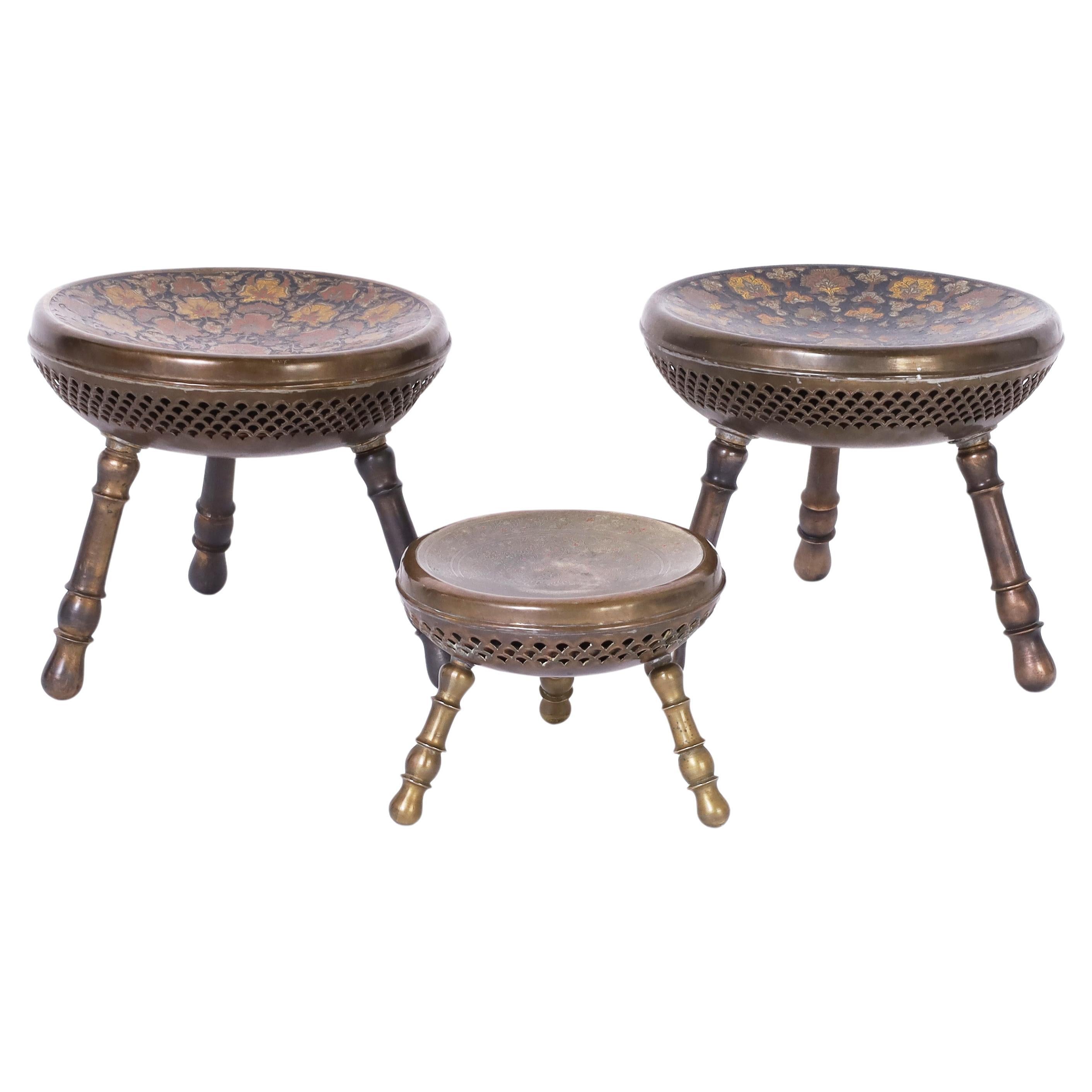 Set of Three Anglo Indian Brass Foot Stools For Sale