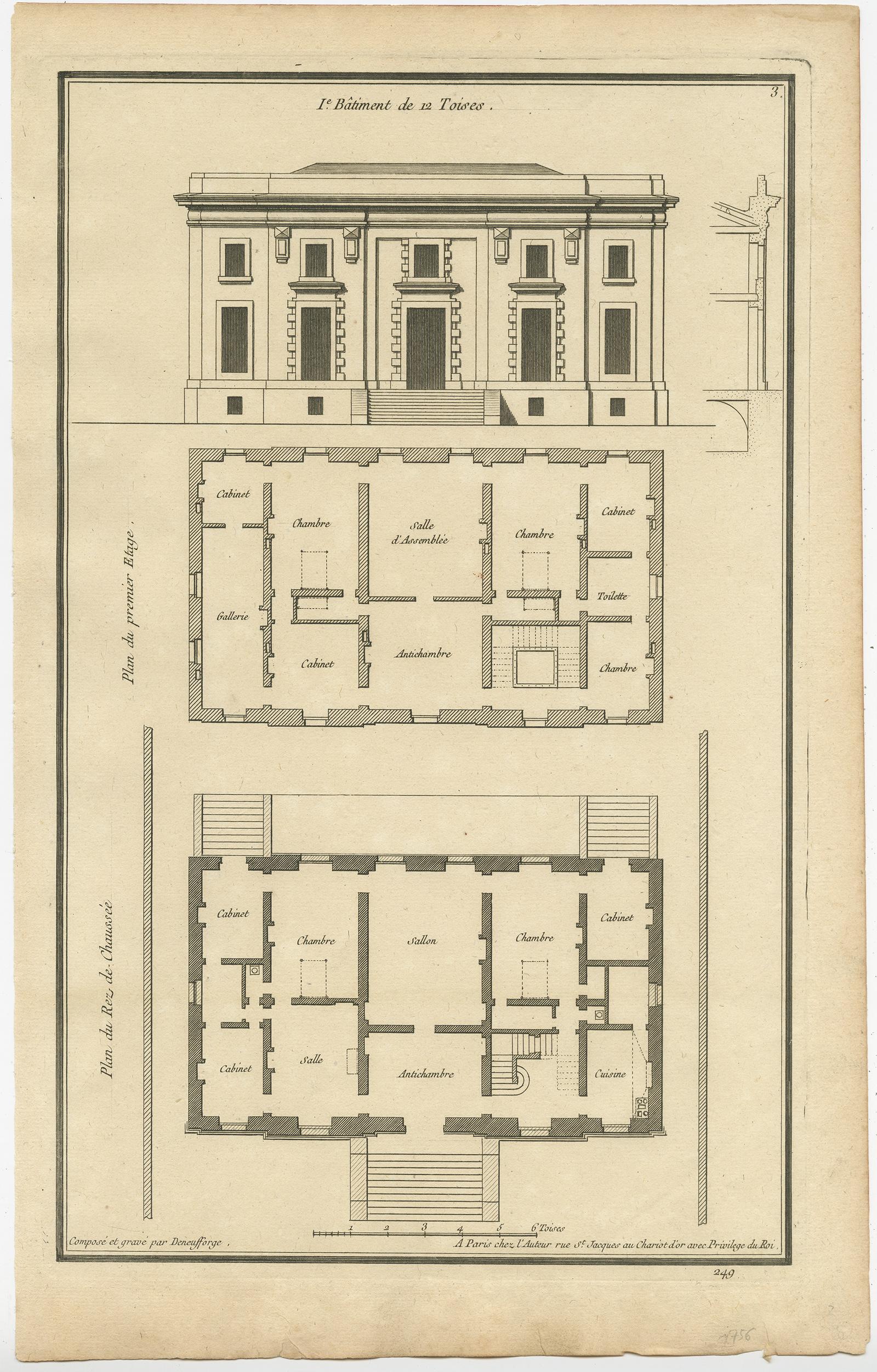 Set of Three Antique Architecture Prints of Various Building Plans and Facades In Good Condition For Sale In Langweer, NL