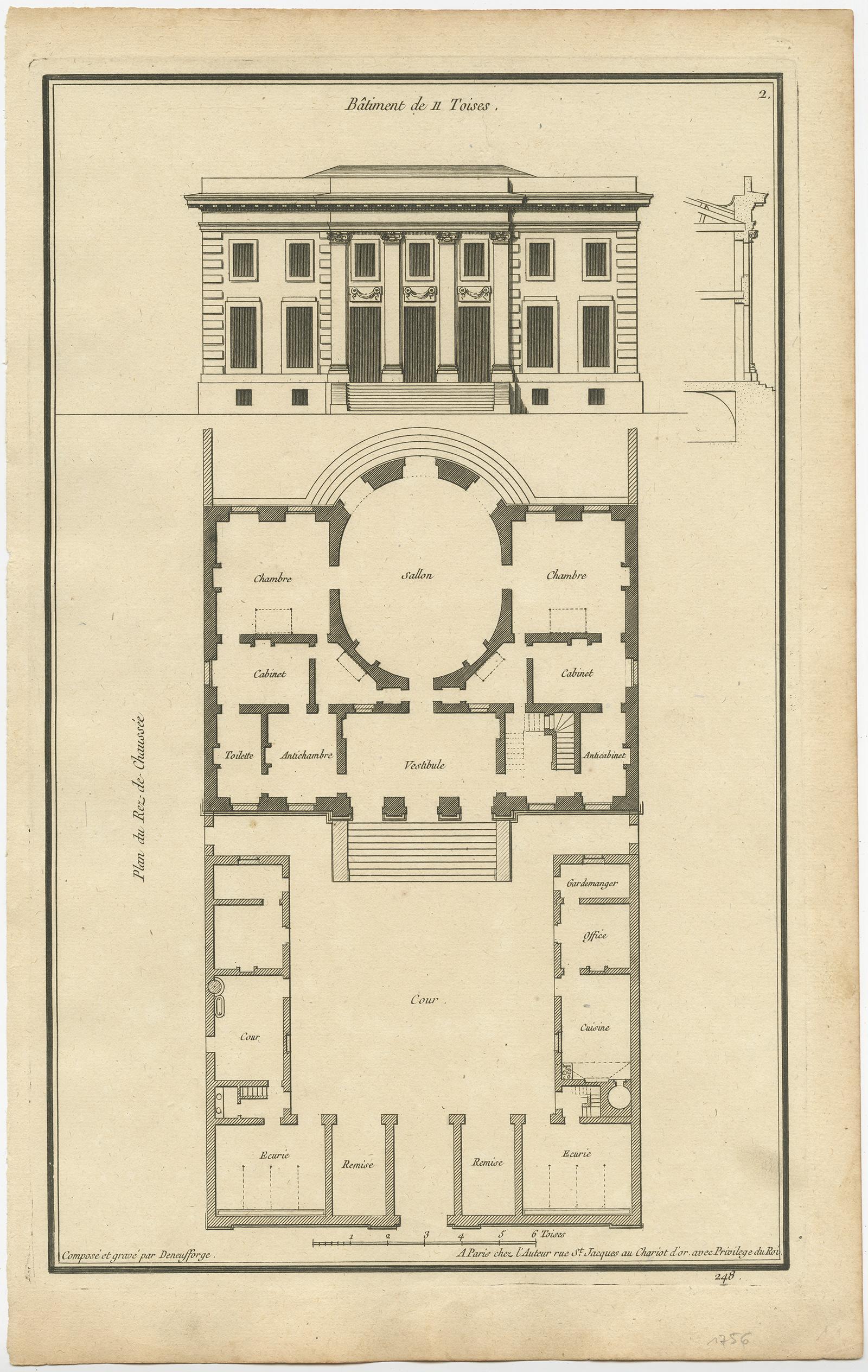 18th Century Set of Three Antique Architecture Prints of Various Building Plans and Facades For Sale