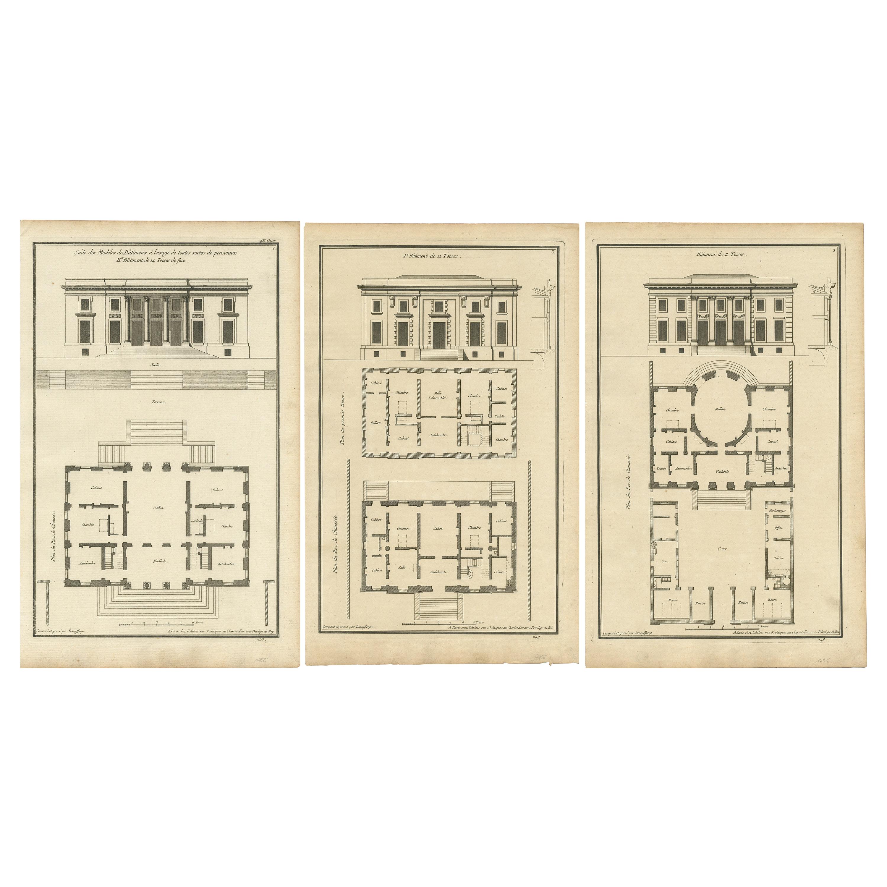Set of Three Antique Architecture Prints of Various Building Plans and Facades