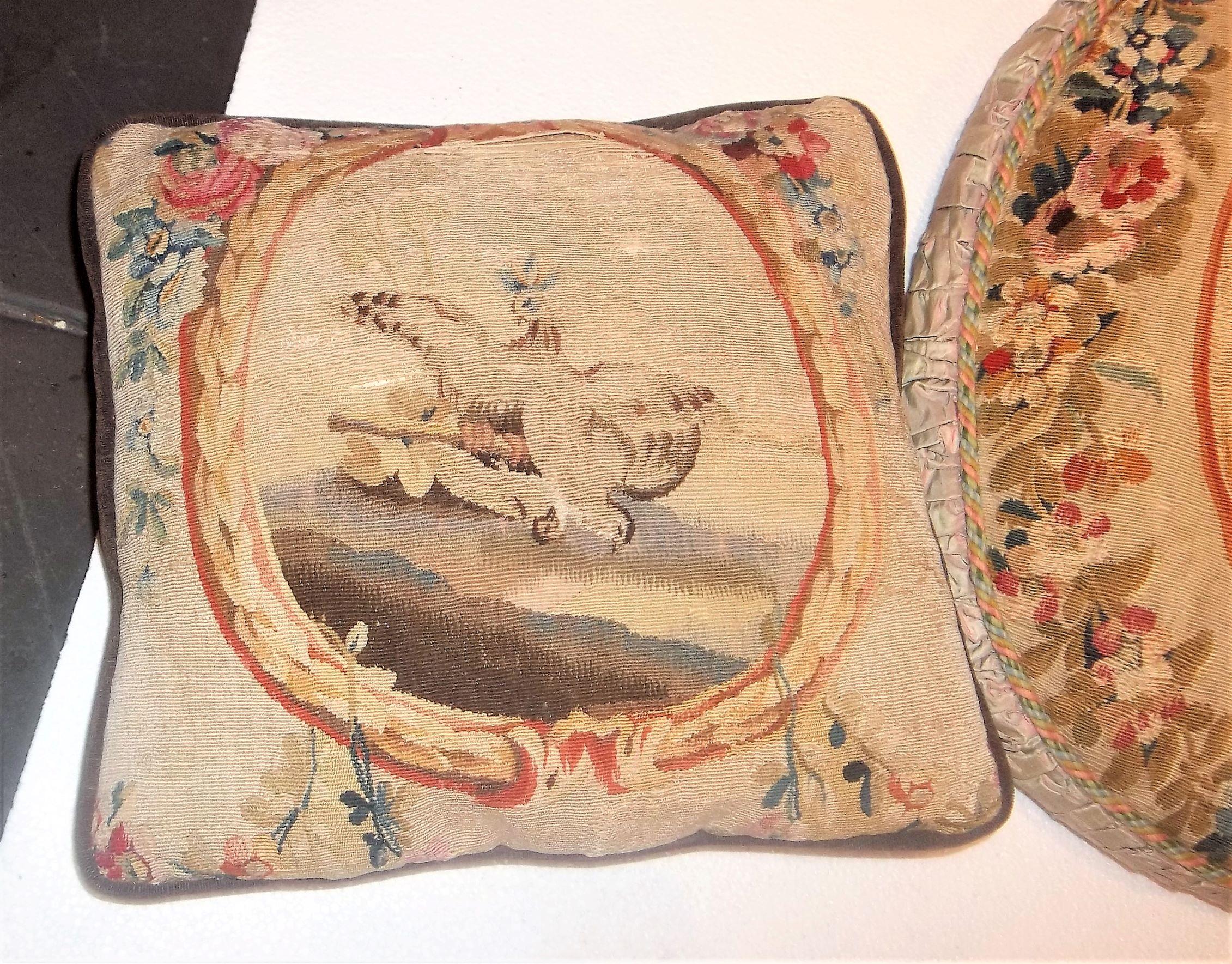 Set of Three Antique Aubusson or Beauvais Floral and Scenic Tapestry Pillows 4