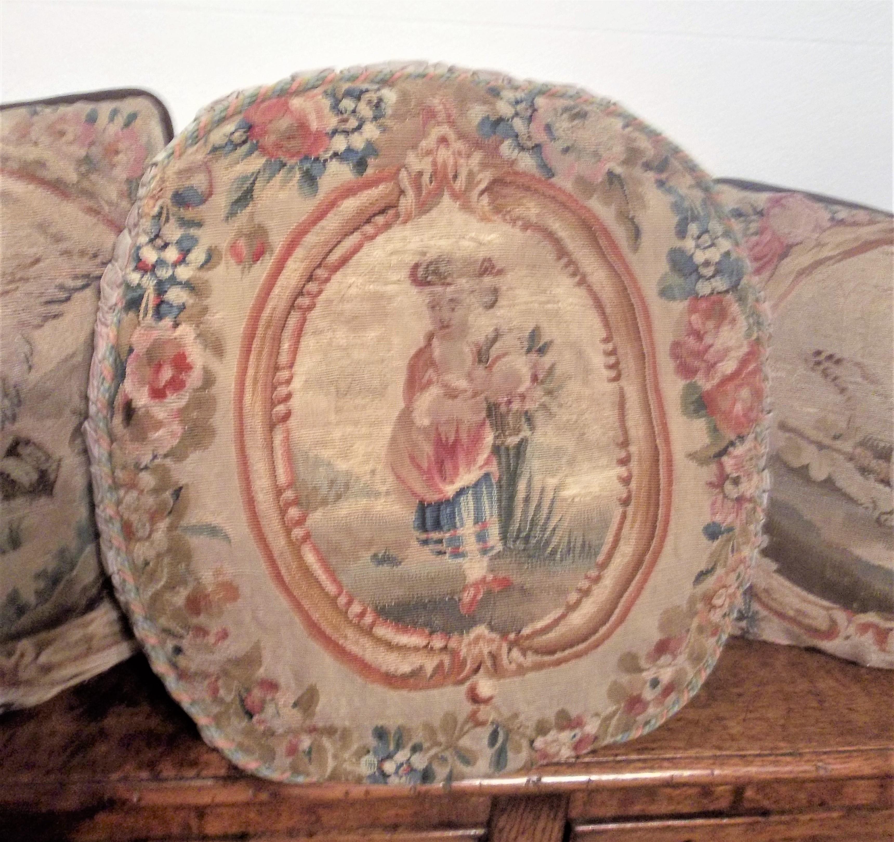 Set of Three Antique Aubusson or Beauvais Floral and Scenic Tapestry Pillows 10