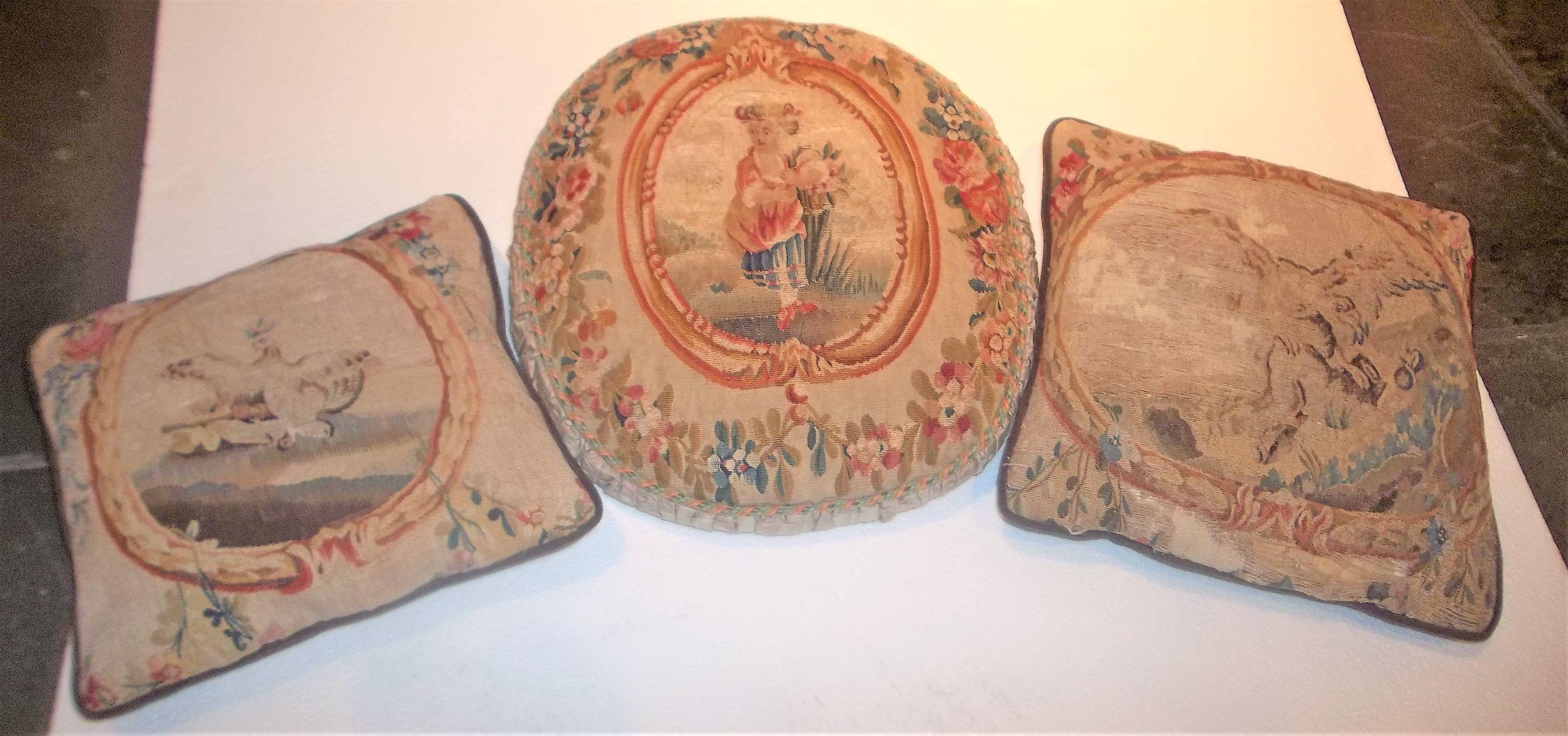 Ignore the 1stdibs freight quote , these Will ship UPS free

Possibly from the same set of Salon furniture. Colorful floral borders with central figural scenes. 

The oval with a girl and a basket of flowers measures 18 inches by 16 inches
A square