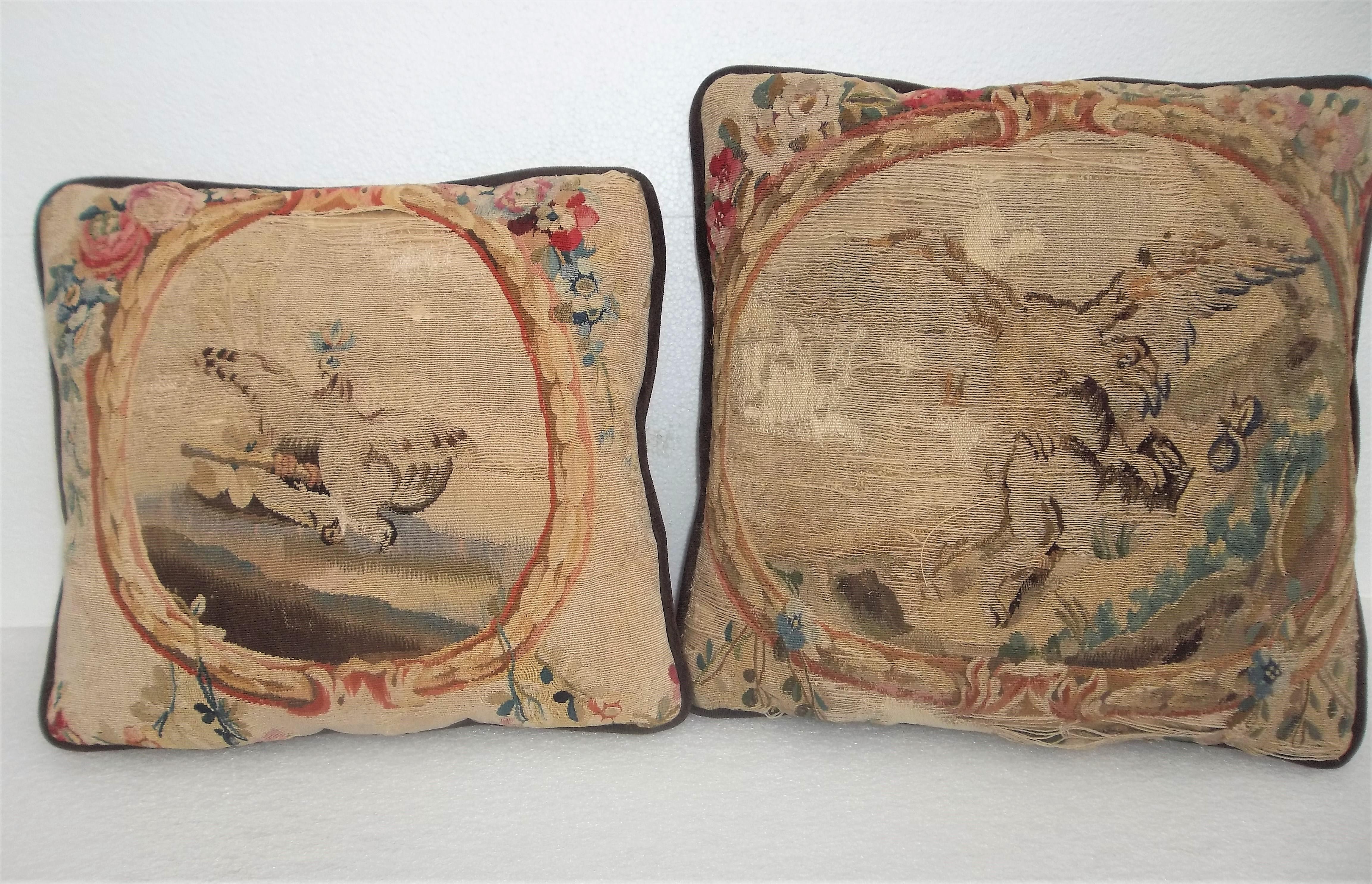 18th Century Set of Three Antique Aubusson or Beauvais Floral and Scenic Tapestry Pillows