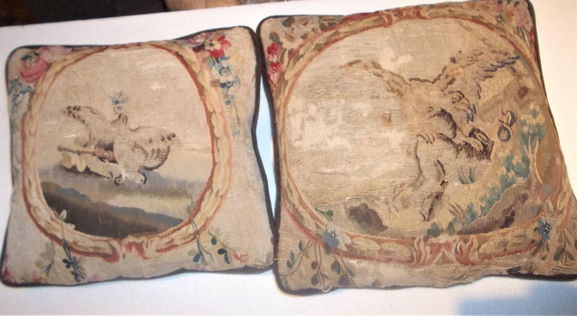 Set of Three Antique Aubusson or Beauvais Floral and Scenic Tapestry Pillows 1