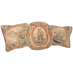 Set of Three Antique Aubusson or Beauvais Floral and Scenic Tapestry Pillows