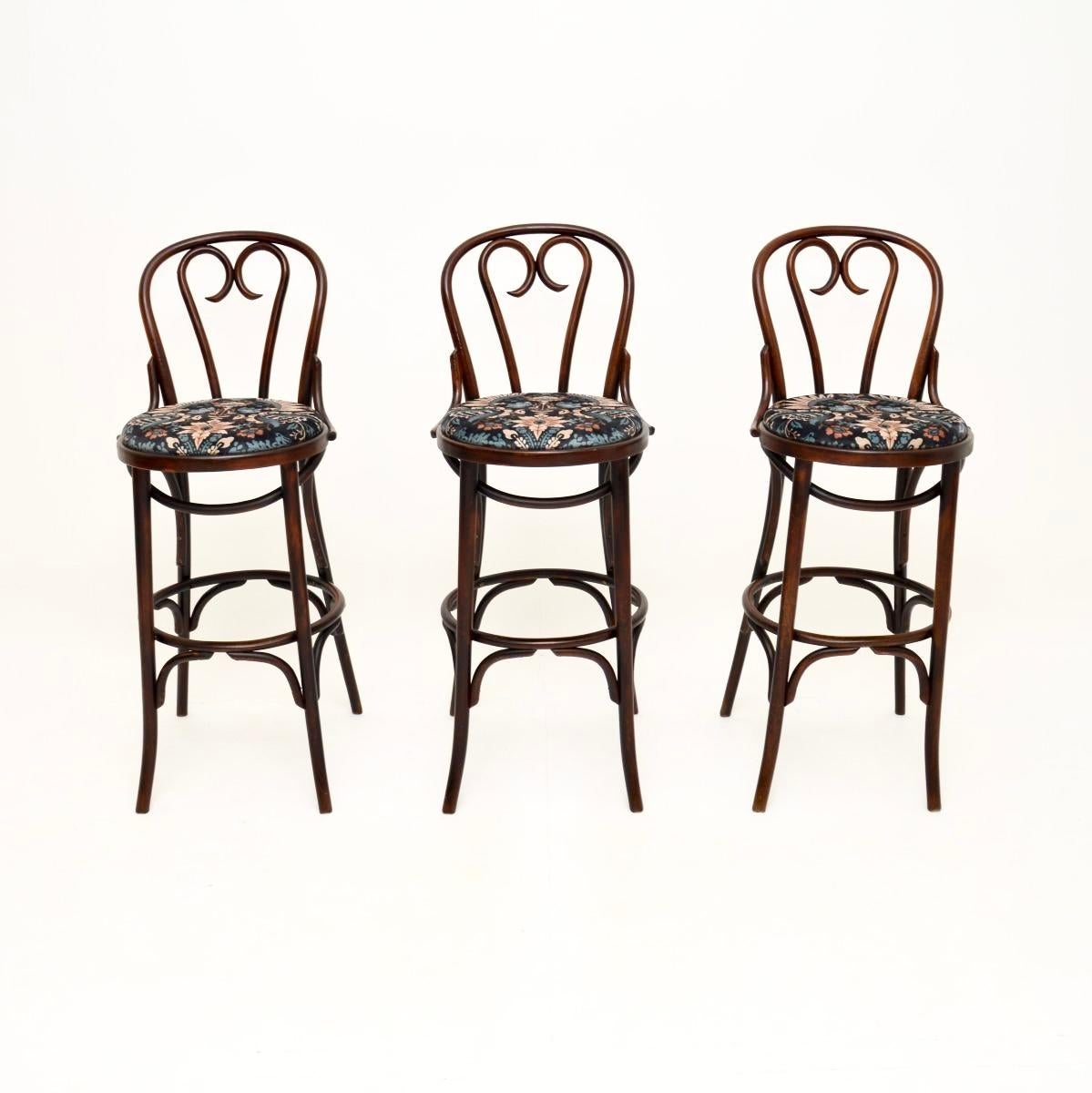 A superb set of three antique bentwood Thonet bar stools. They were made in the Thonet factory in Poland, they date from around the 1950’s.

The quality is outstanding, the bentwood frames are beautifully sculpted and they are a great size. They