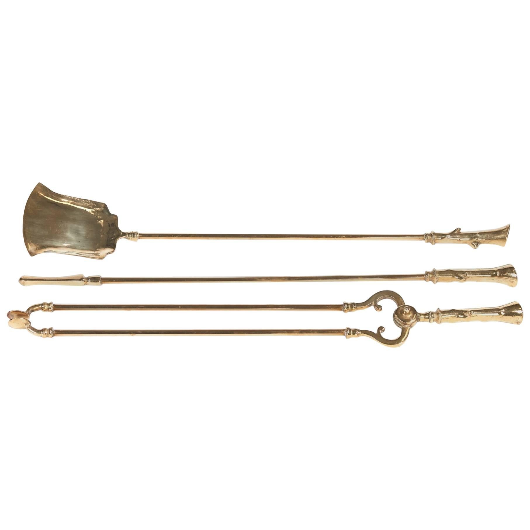 Set of Three Antique Brass Fire Irons For Sale