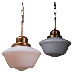 Set of Three Antique Copper and Opaline Glass Pendant Lights, circa 1920