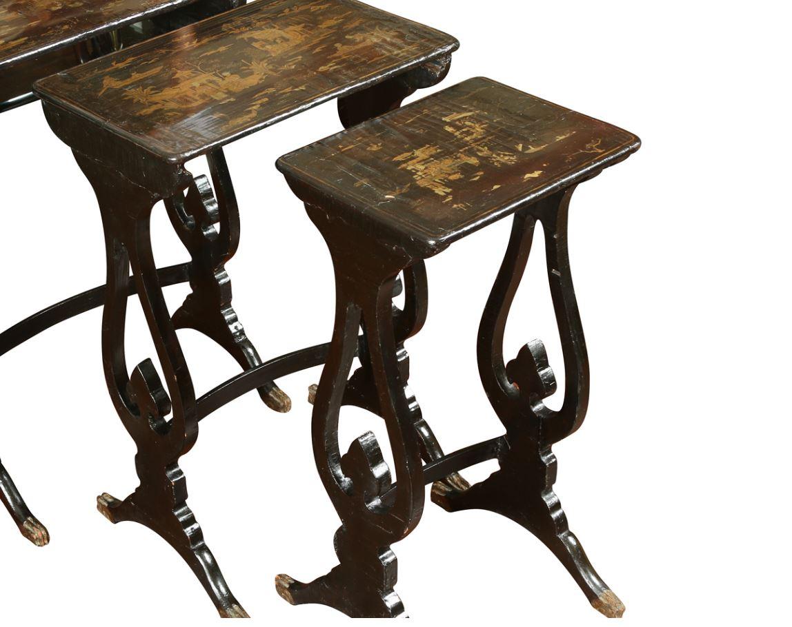 Unknown Set of Three Antique Ebonized Chinoiserie Nesting Tables