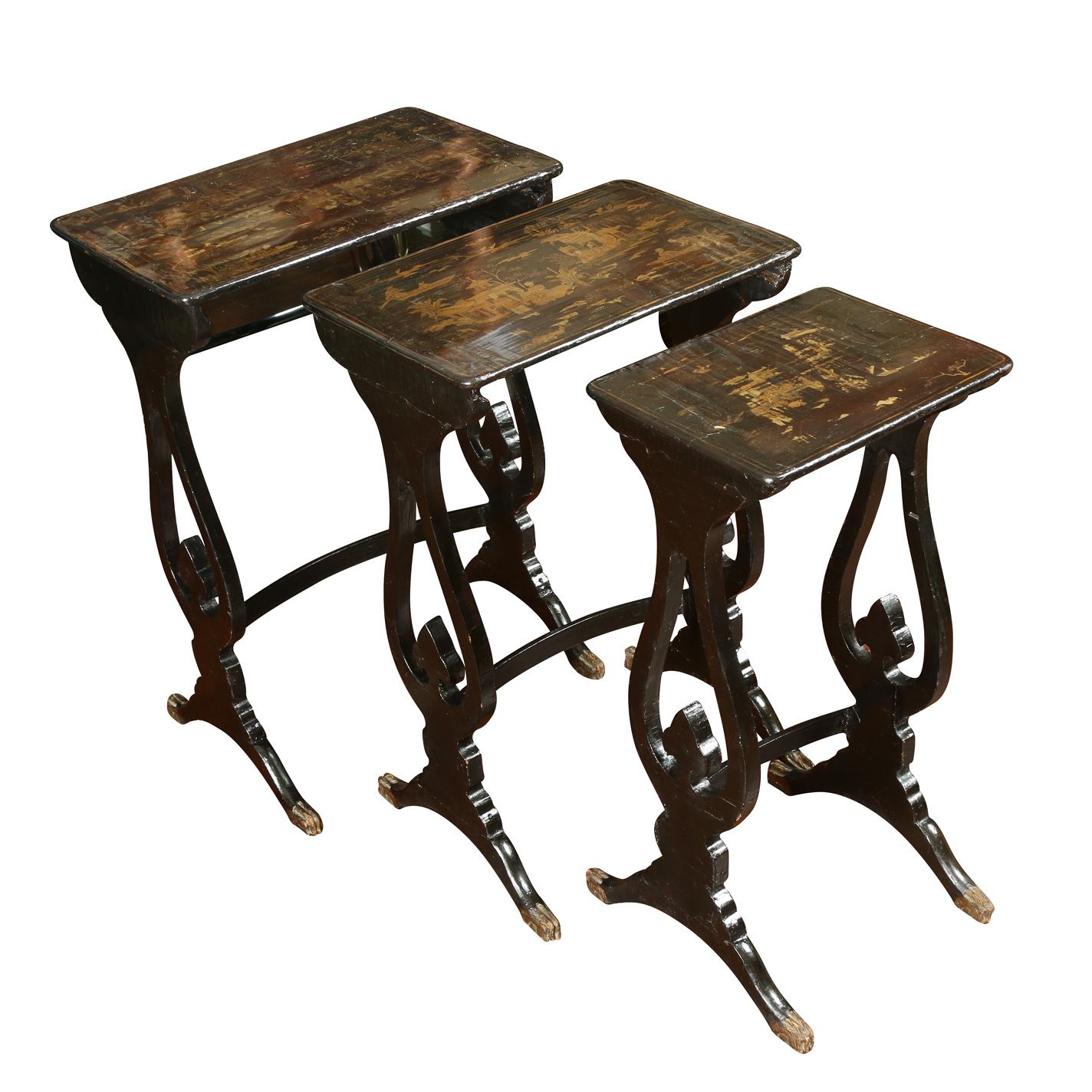 Set of Three Antique Ebonized Chinoiserie Nesting Tables In Good Condition In Locust Valley, NY