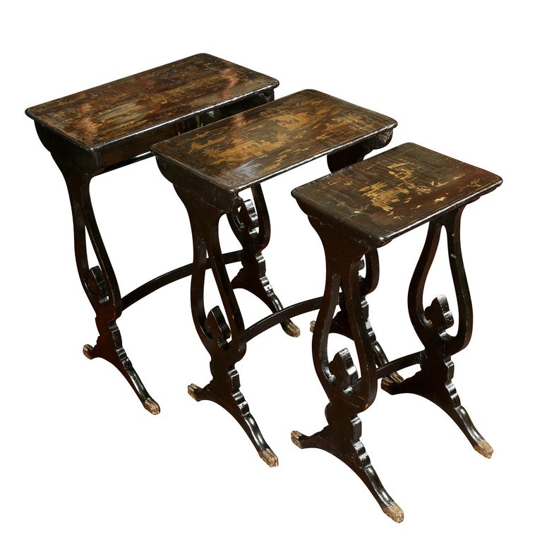 Set of Three Antique Ebonized Chinoiserie Nesting Tables For Sale at