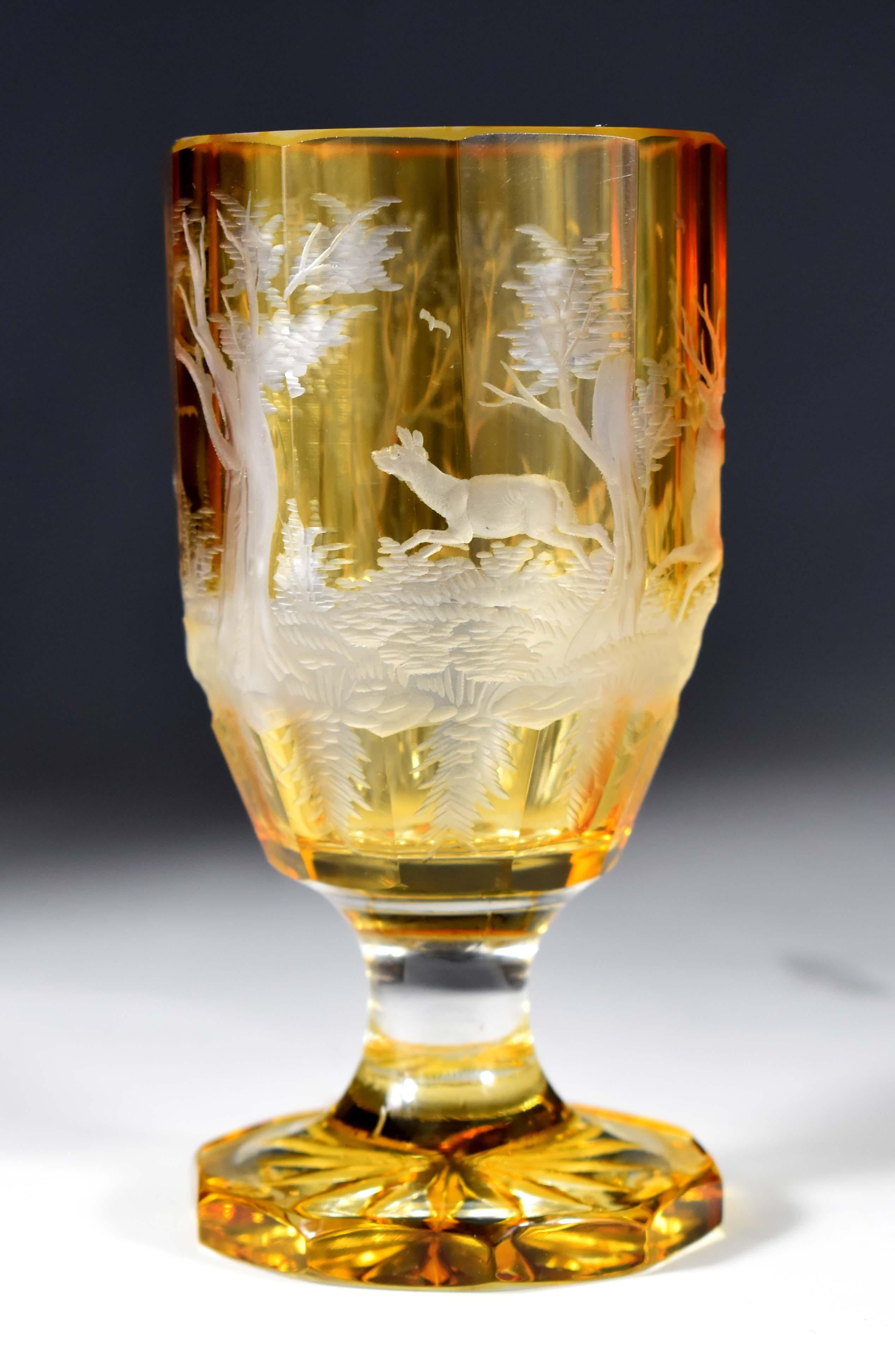 Set of three antique engraved goblets , Hunting motif 19-20 century - Bohemian g 5