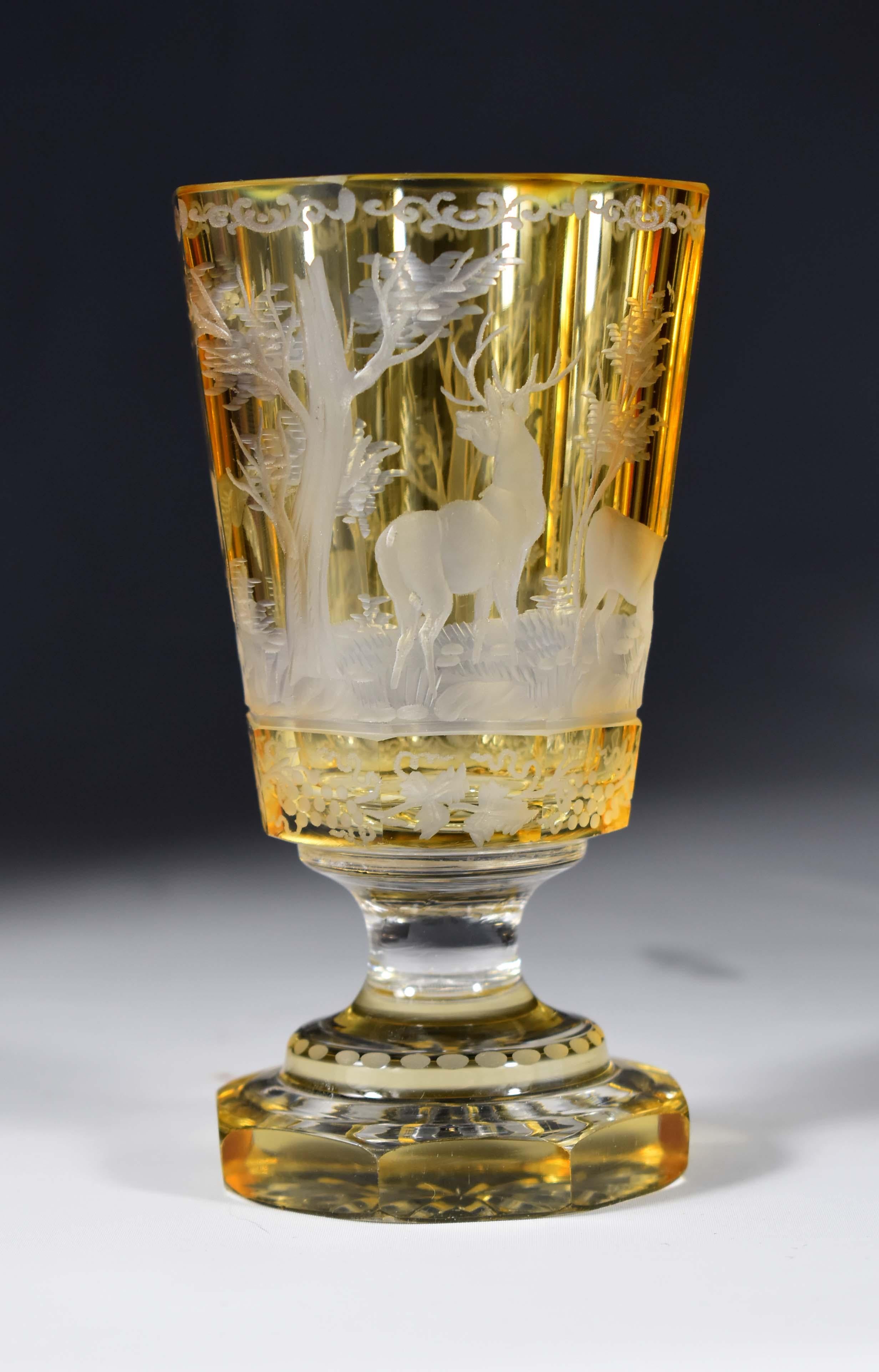 Set of three antique engraved goblets , Hunting motif 19-20 century - Bohemian g 7